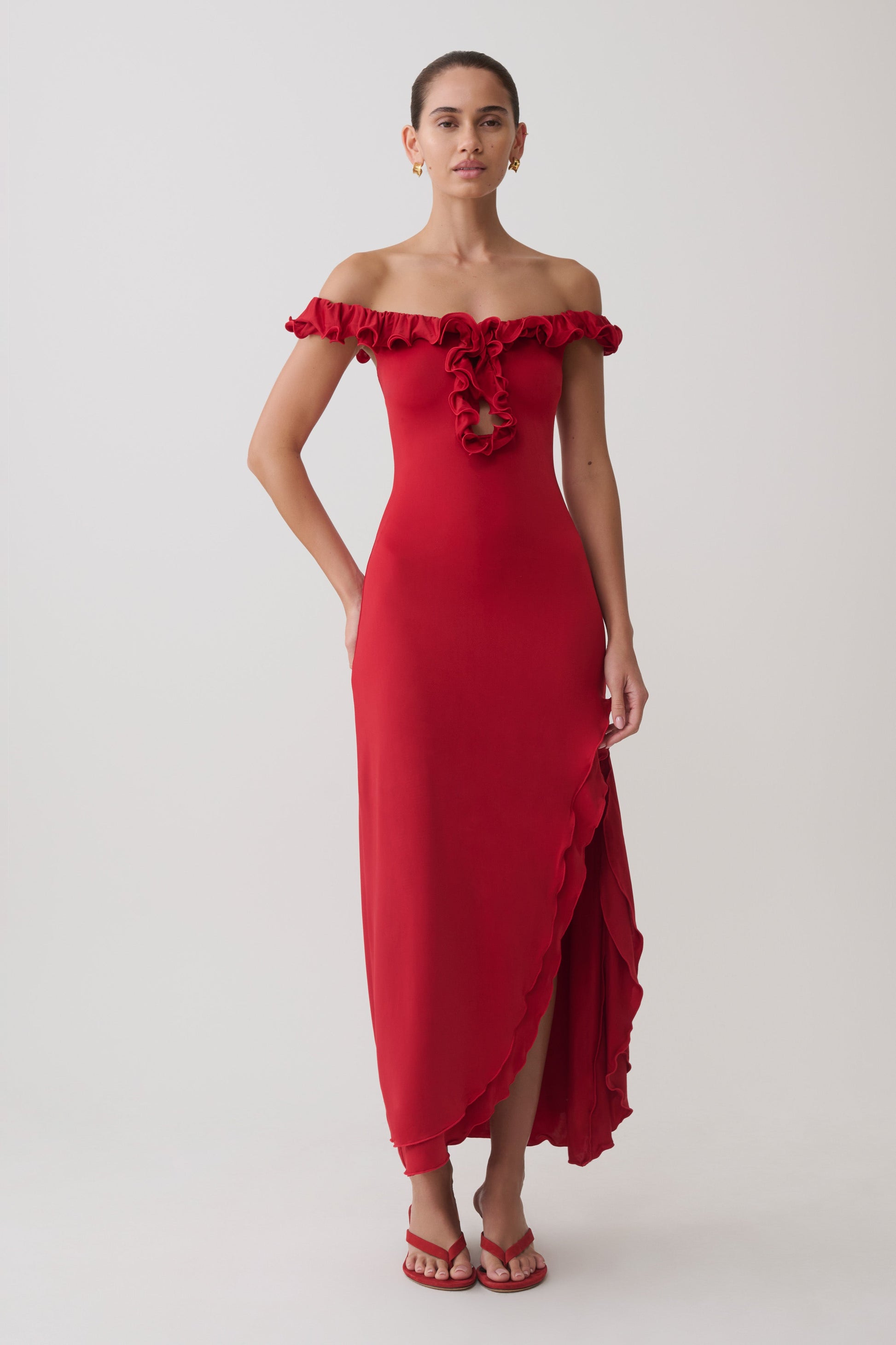 midi red off the shoulder dress Miss Circle Xavy Crimson Off-Shoulder Corset Midi Dress XXS