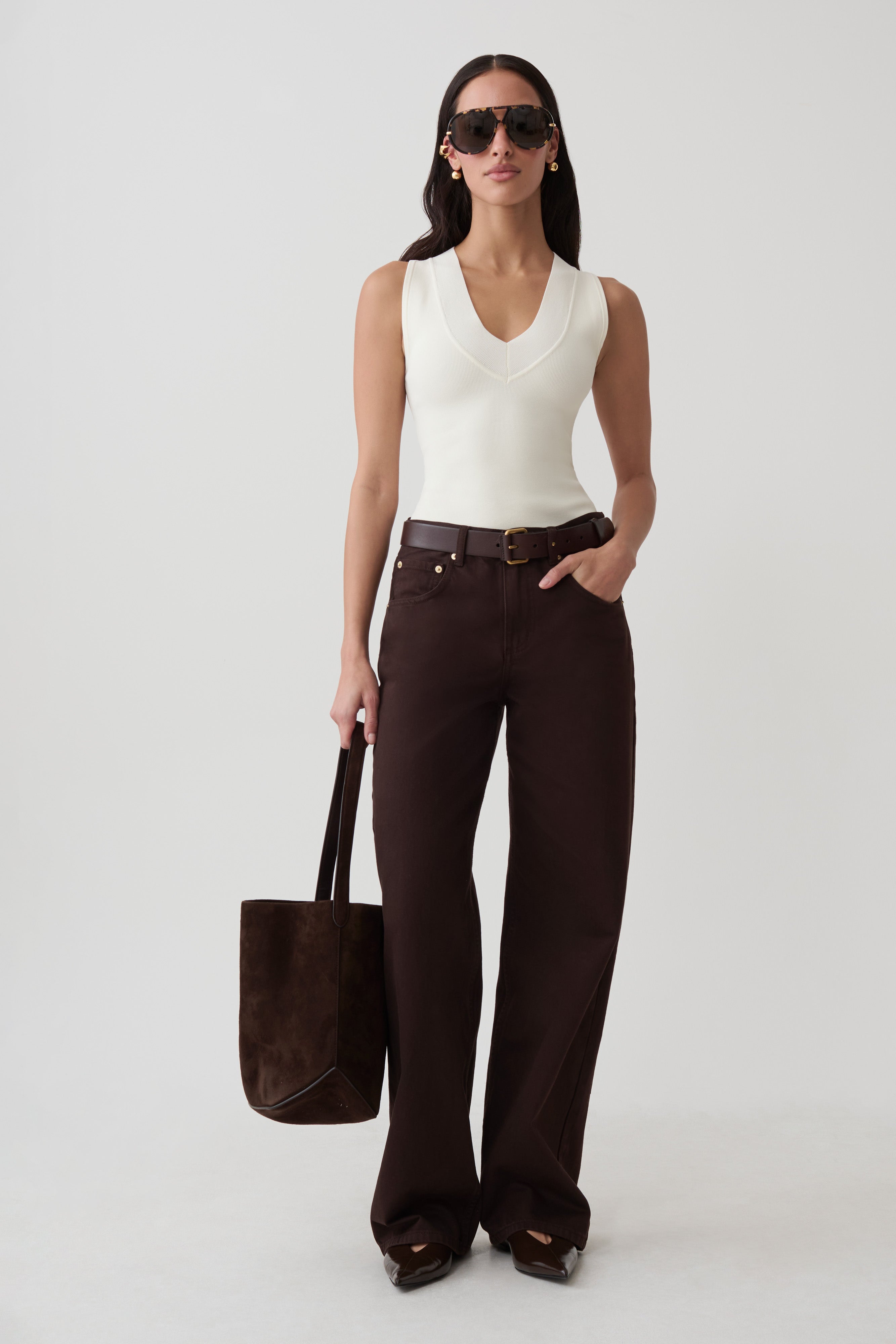 Claudina V-Neck Knit Tank - Ivory | MESHKI US