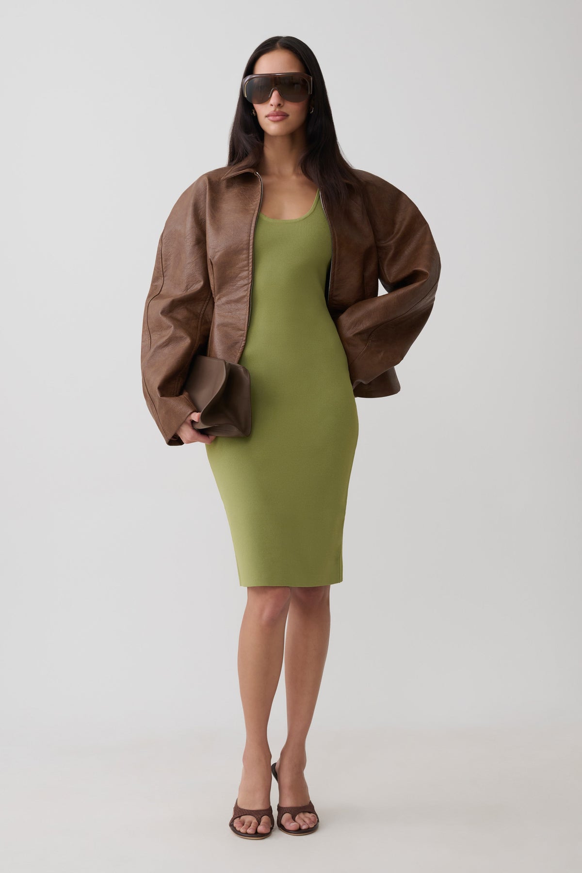 Leah Racer Back Knee Length Knit Dress - Olive #7