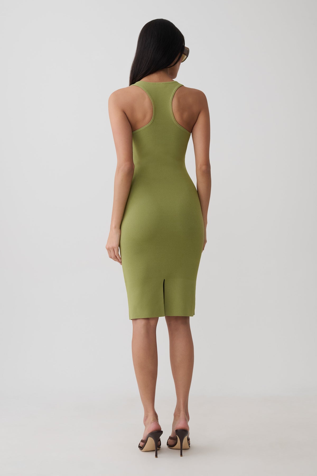 Leah Racer Back Knee Length Knit Dress - Olive