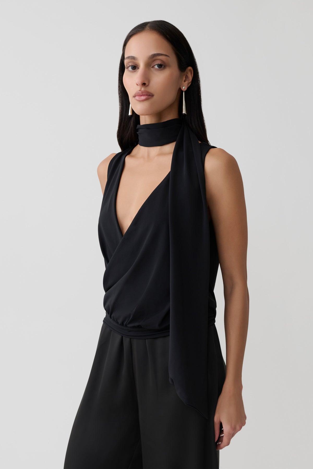 Raisa Overlap Top With Neck Scarf - Black #5