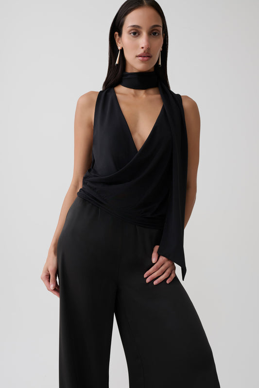 Raisa Overlap Top With Neck Scarf - Black