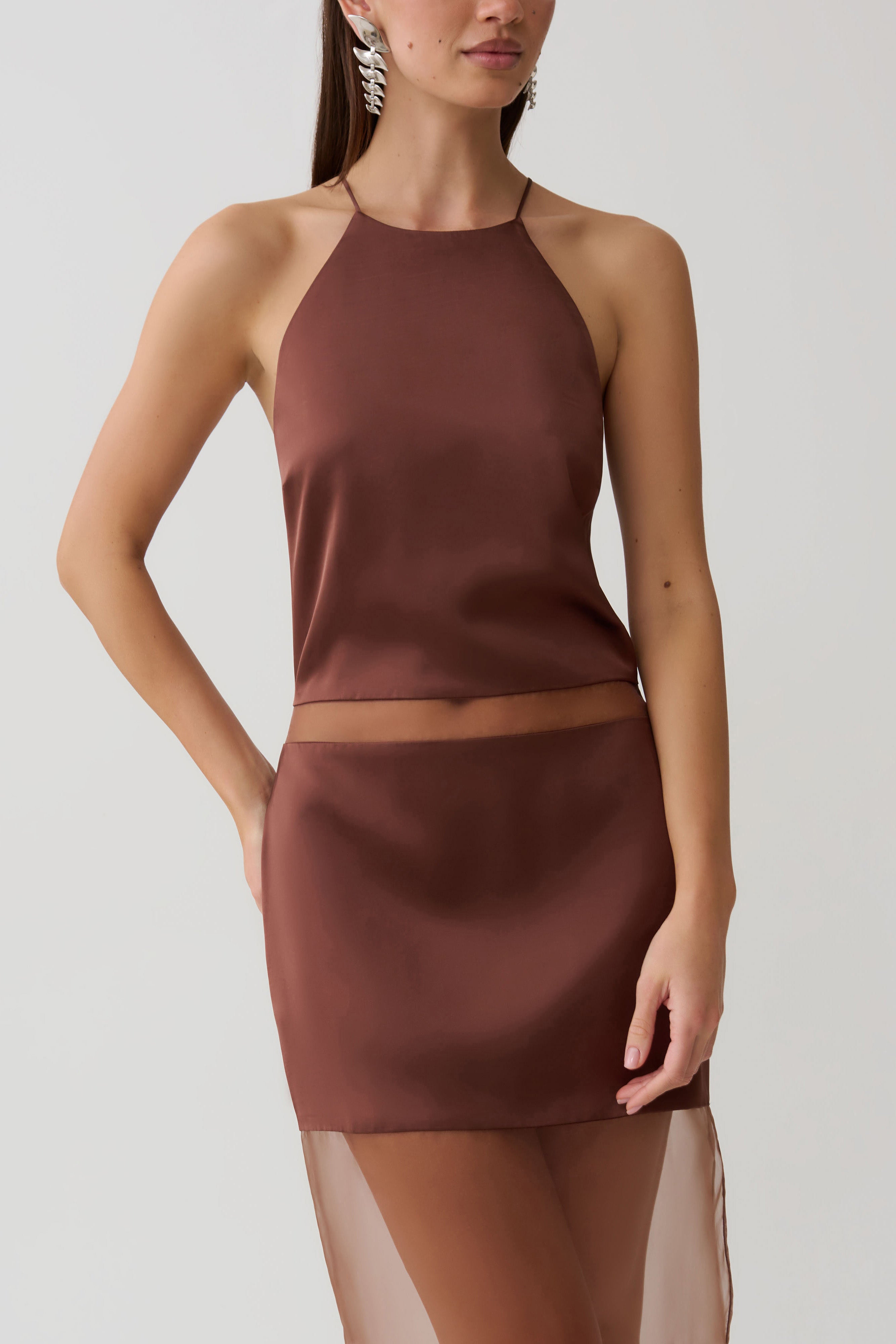 Priscilla Sheer Halter Midi Dress - Dark Chocolate | MESHKI US