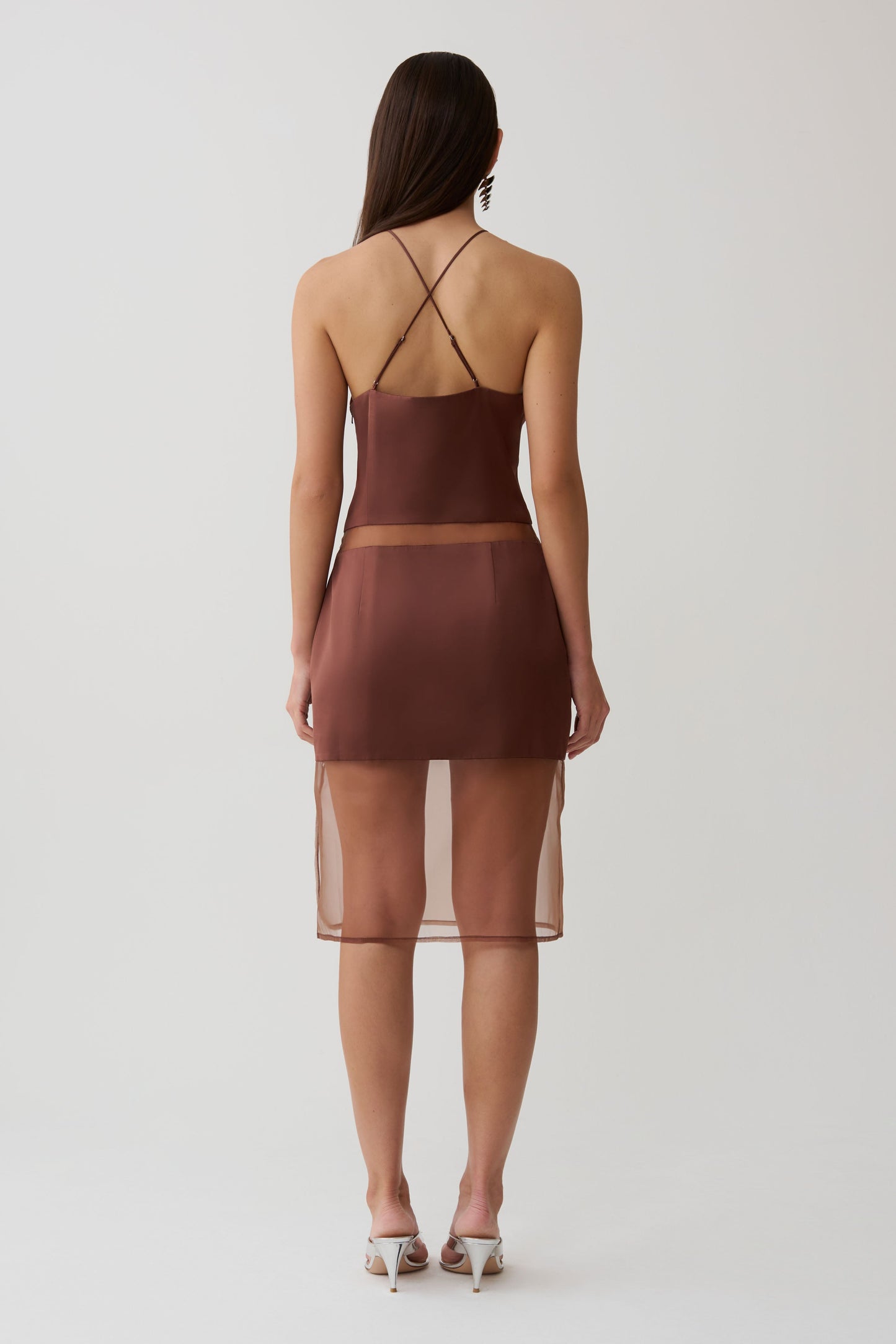Priscilla Sheer Halter Midi Dress - Dark Chocolate
