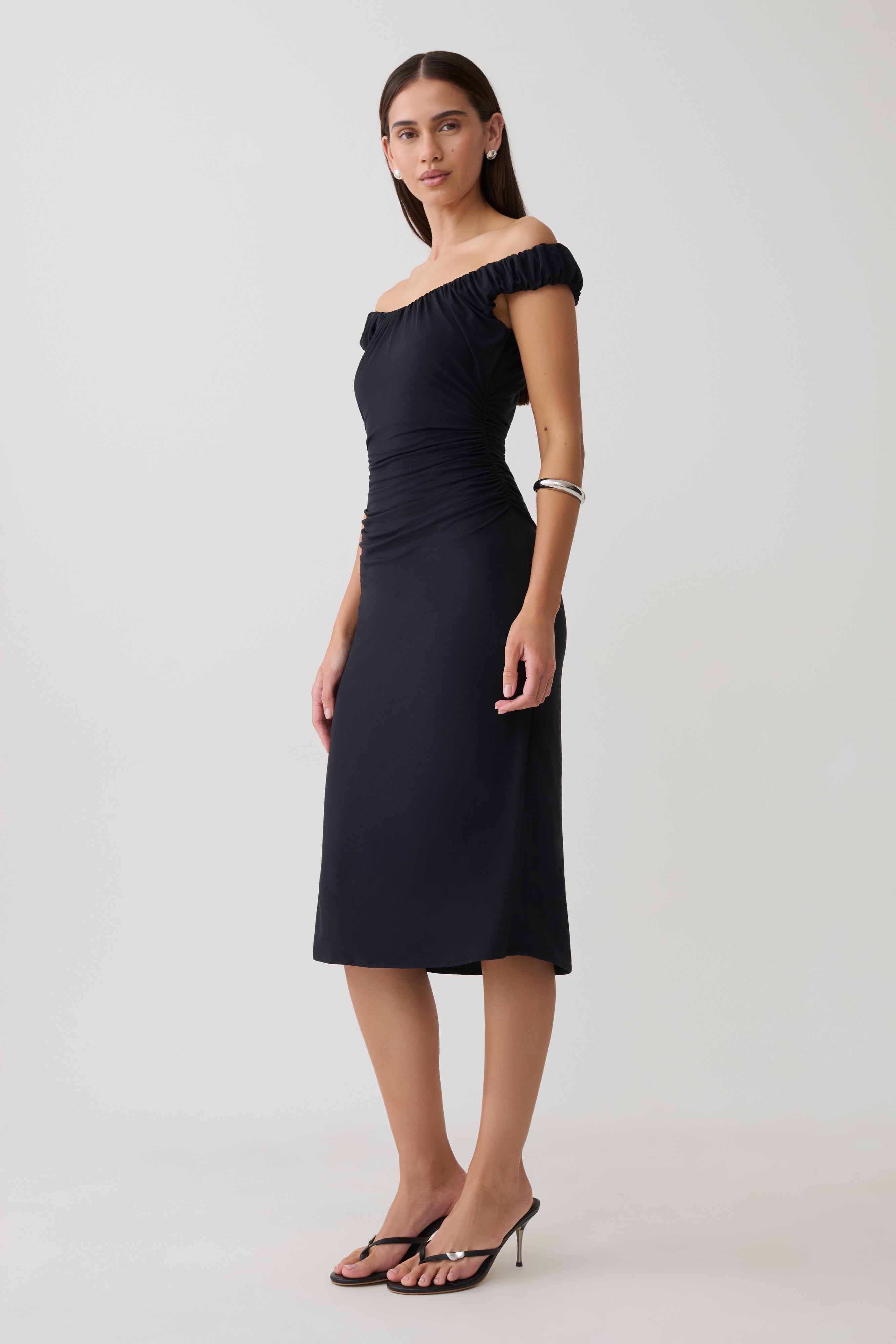 Alize Cupro Knee Length Dress - Black | MESHKI US