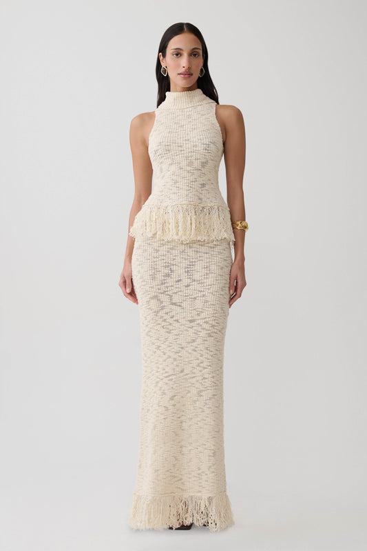 Giovanni Fringe Knit Midi Skirt - Cream