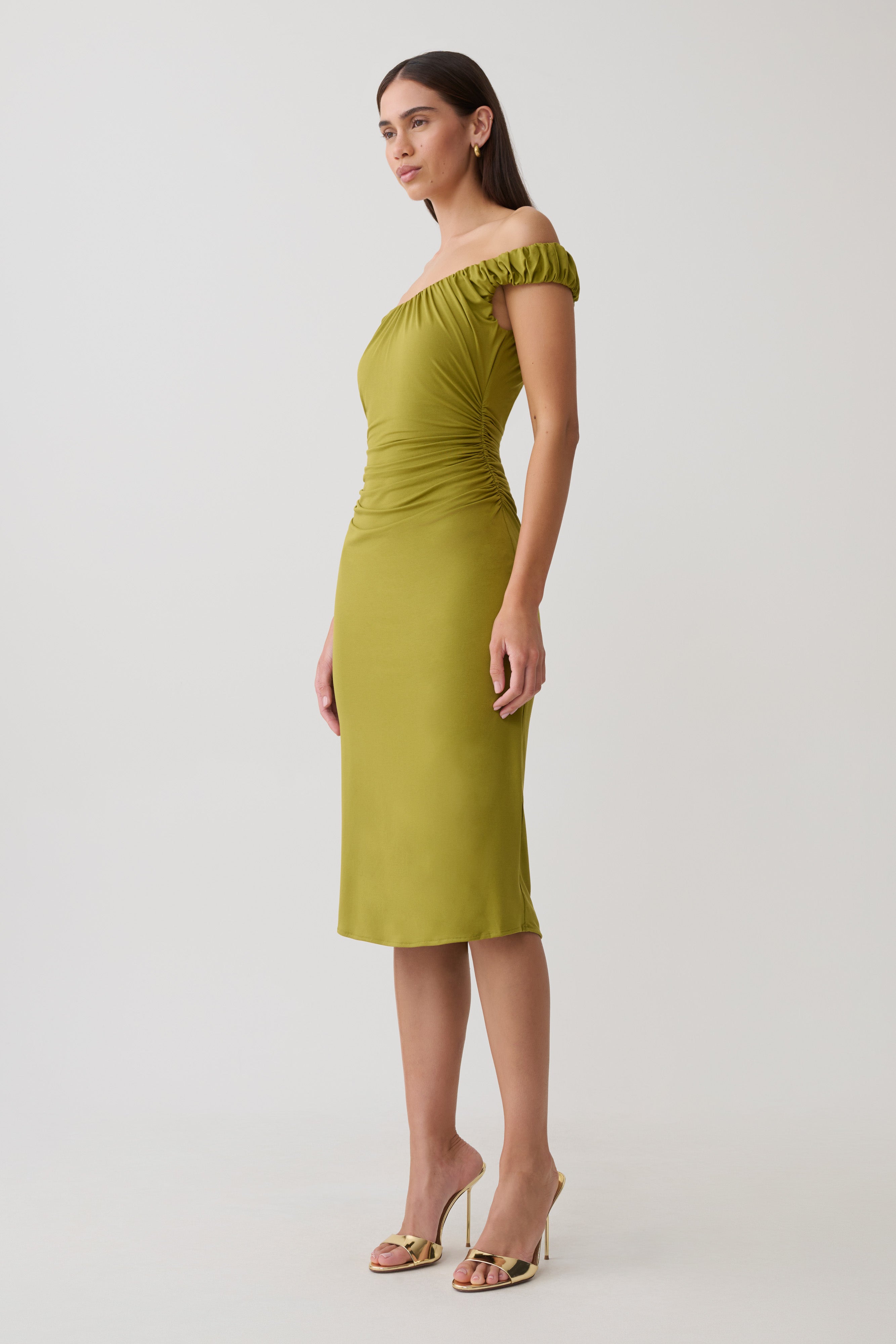 Alize Cupro Knee Length Dress - Martini Olive | MESHKI US