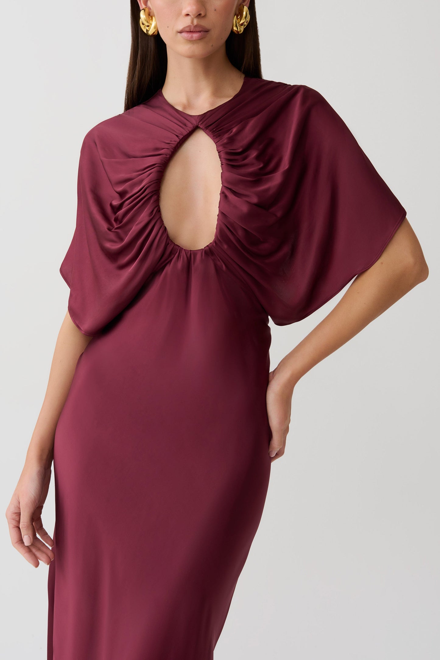 Mona Cut Out Satin Midi Dress - Burgundy