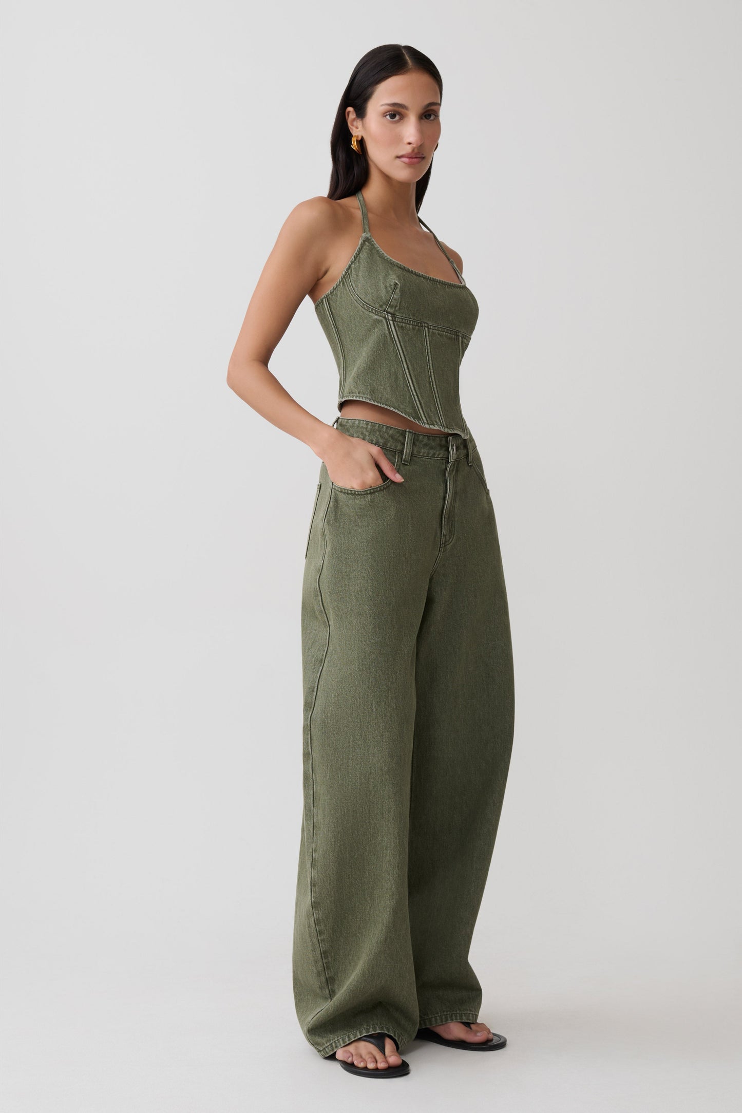 Stephanie Corset Denim Top - Washed Khaki