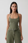 Stephanie Corset Denim Top - Washed Khaki