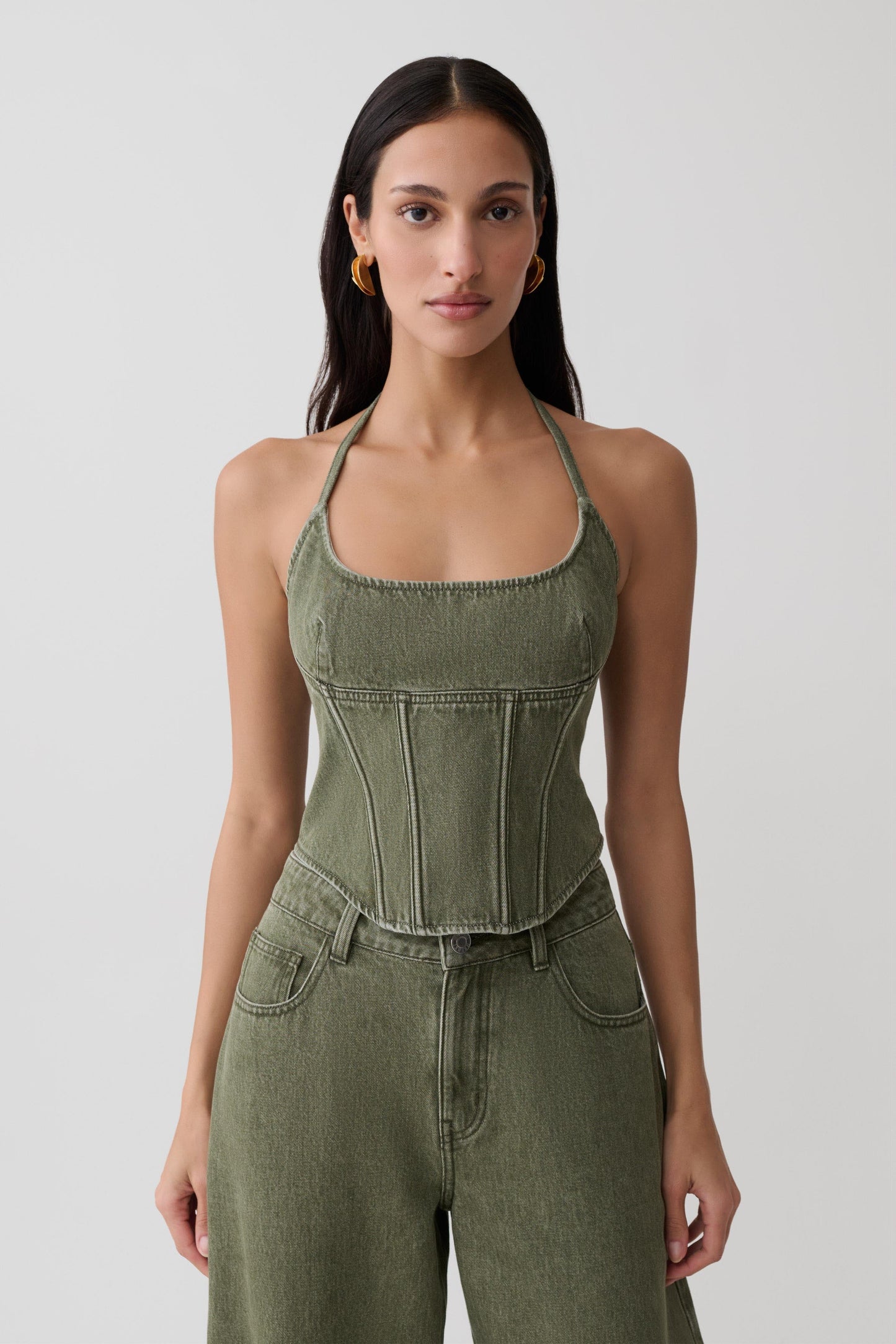 Stephanie Corset Denim Top - Washed Khaki