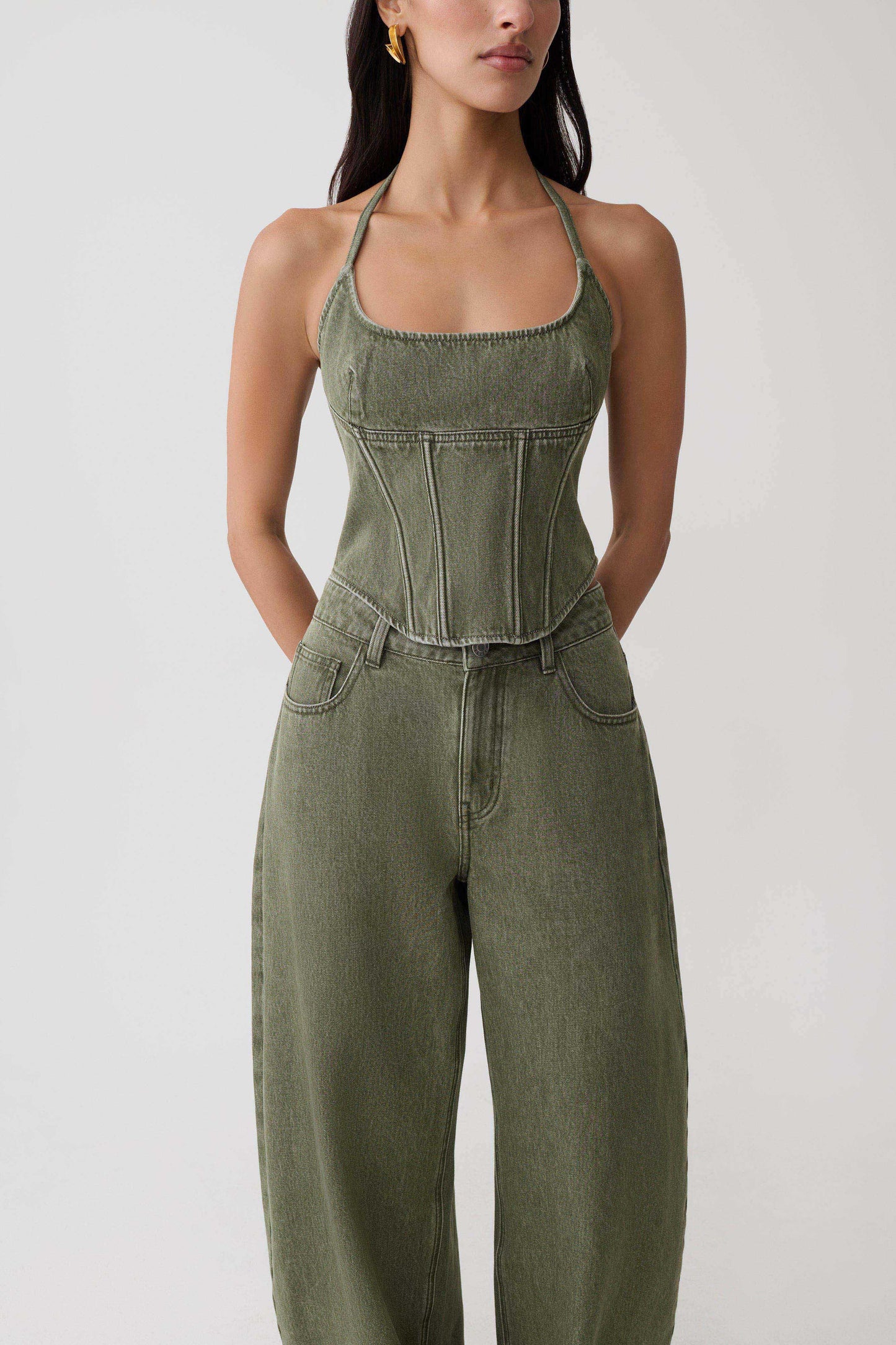 Stephanie Corset Denim Top - Washed Khaki