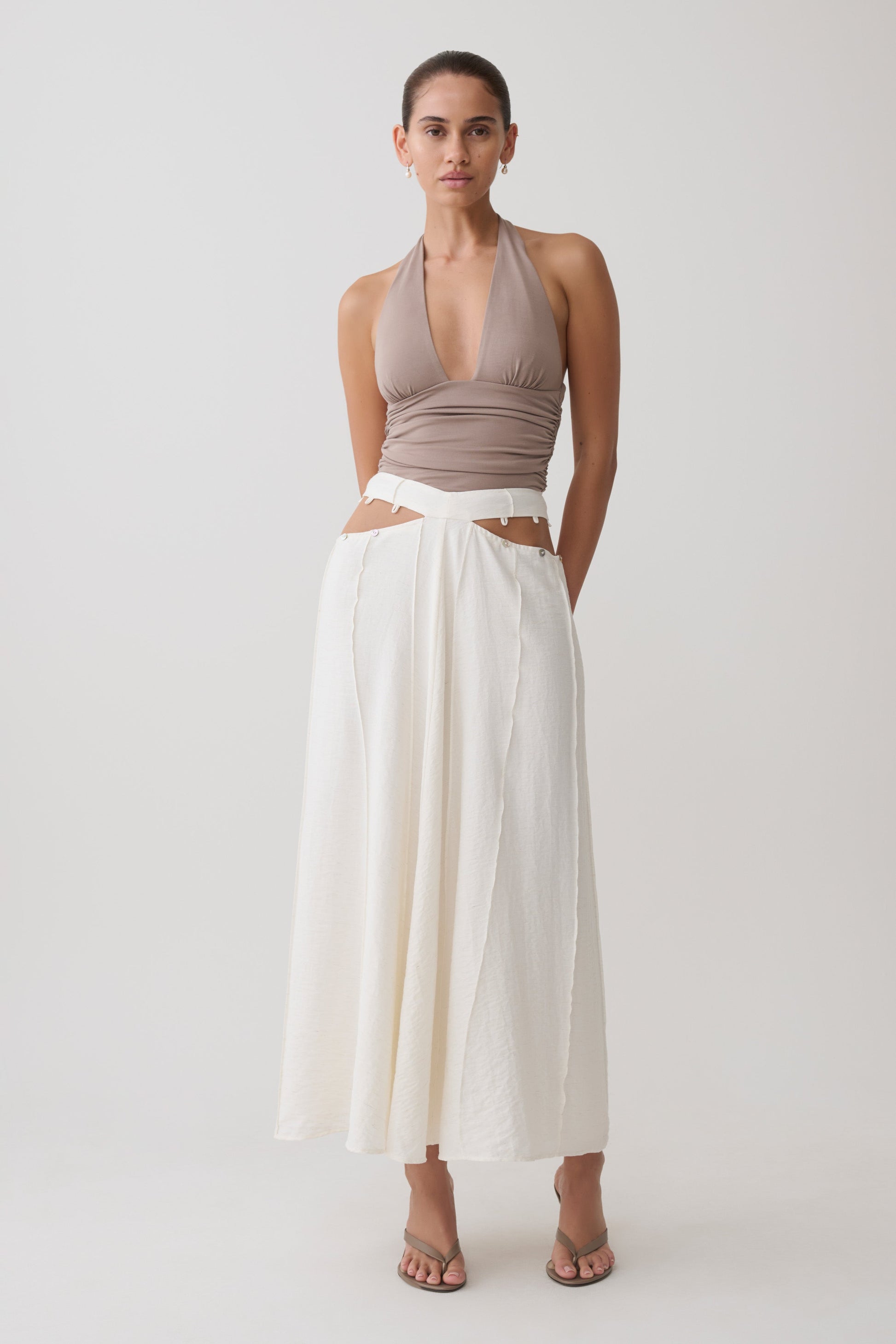 Claire Pearl Button Midi Skirt - White #5