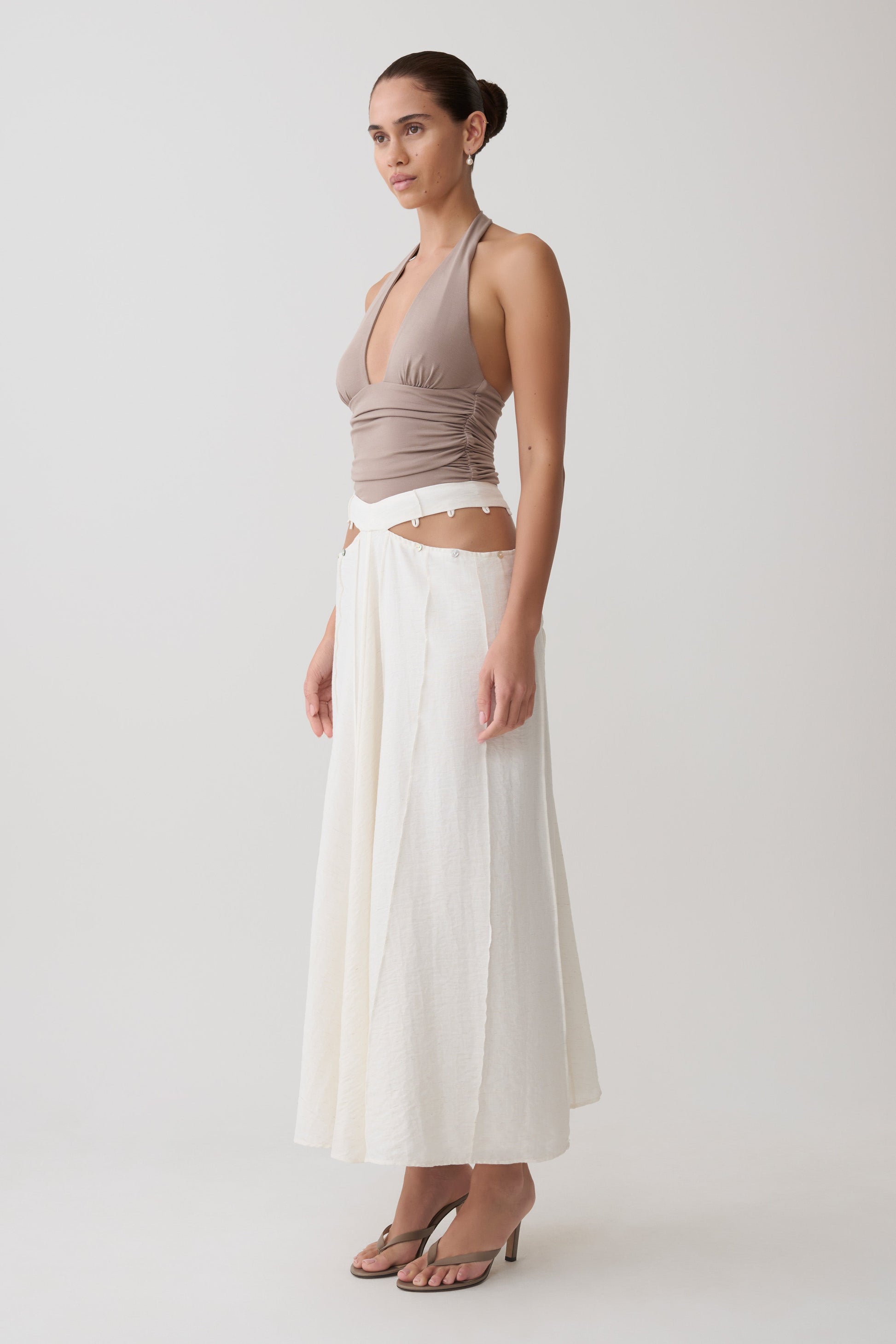 Claire Pearl Button Midi Skirt - White #6