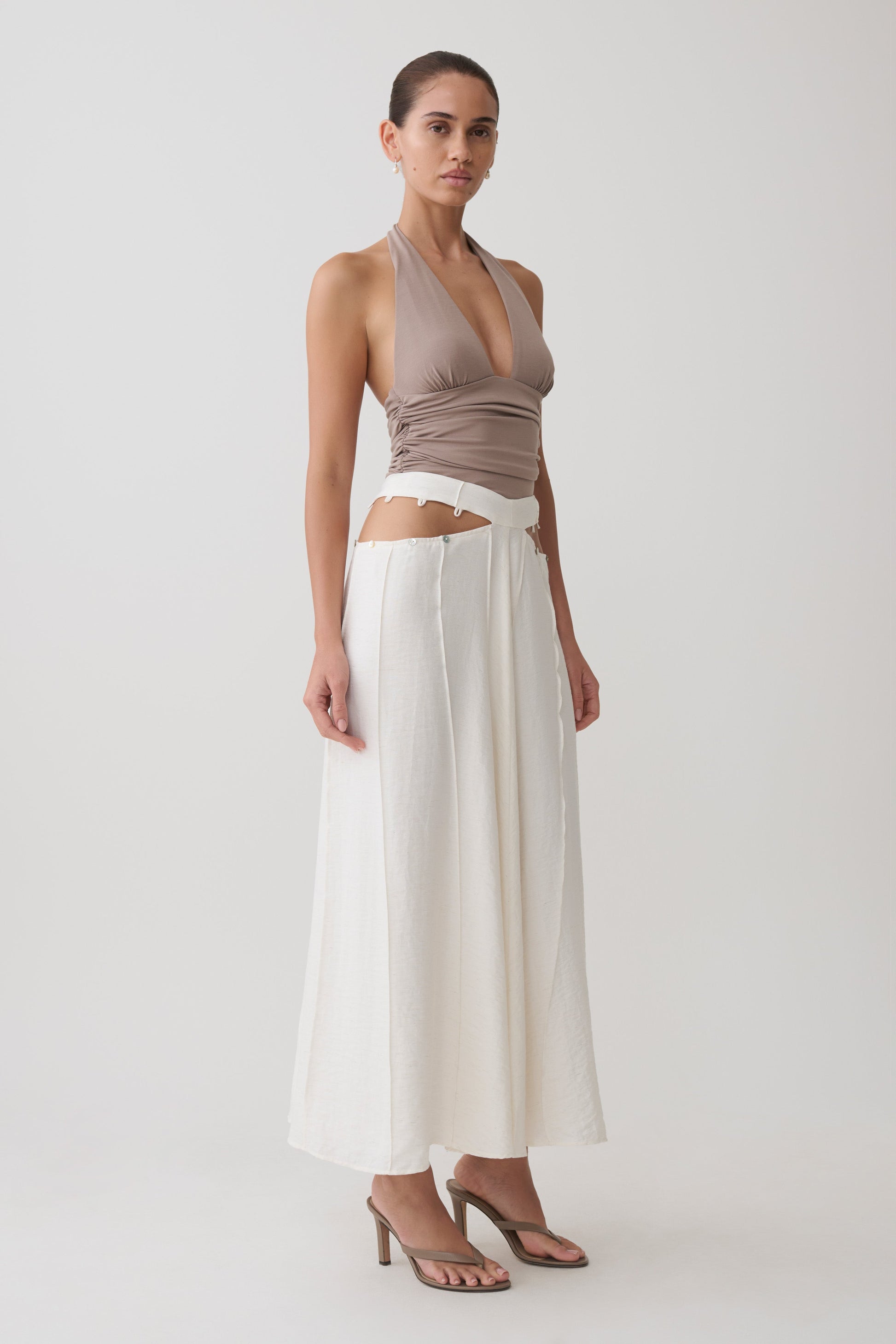 Claire Pearl Button Midi Skirt - White #8
