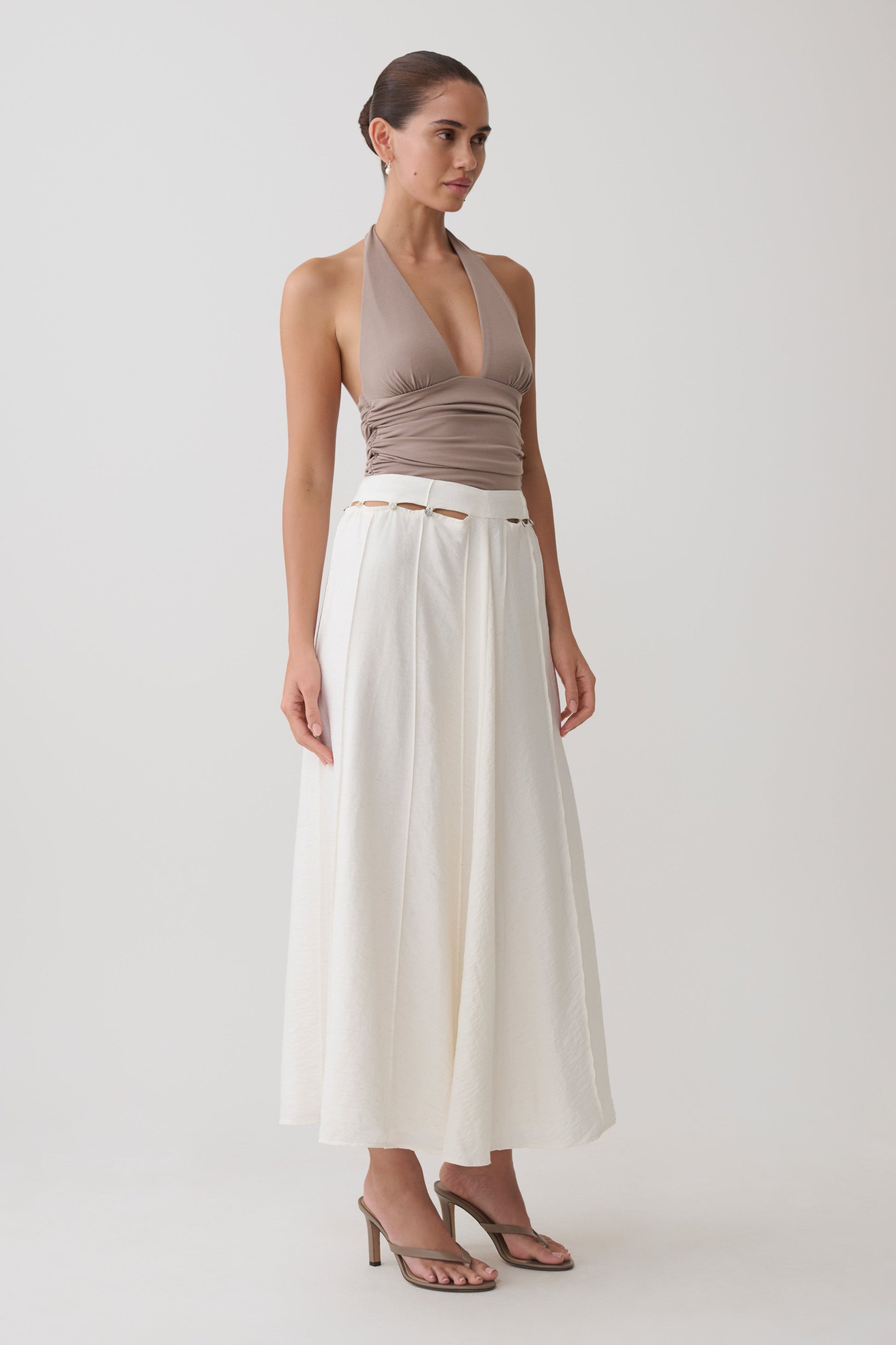 Claire Pearl Button Midi Skirt - White #4
