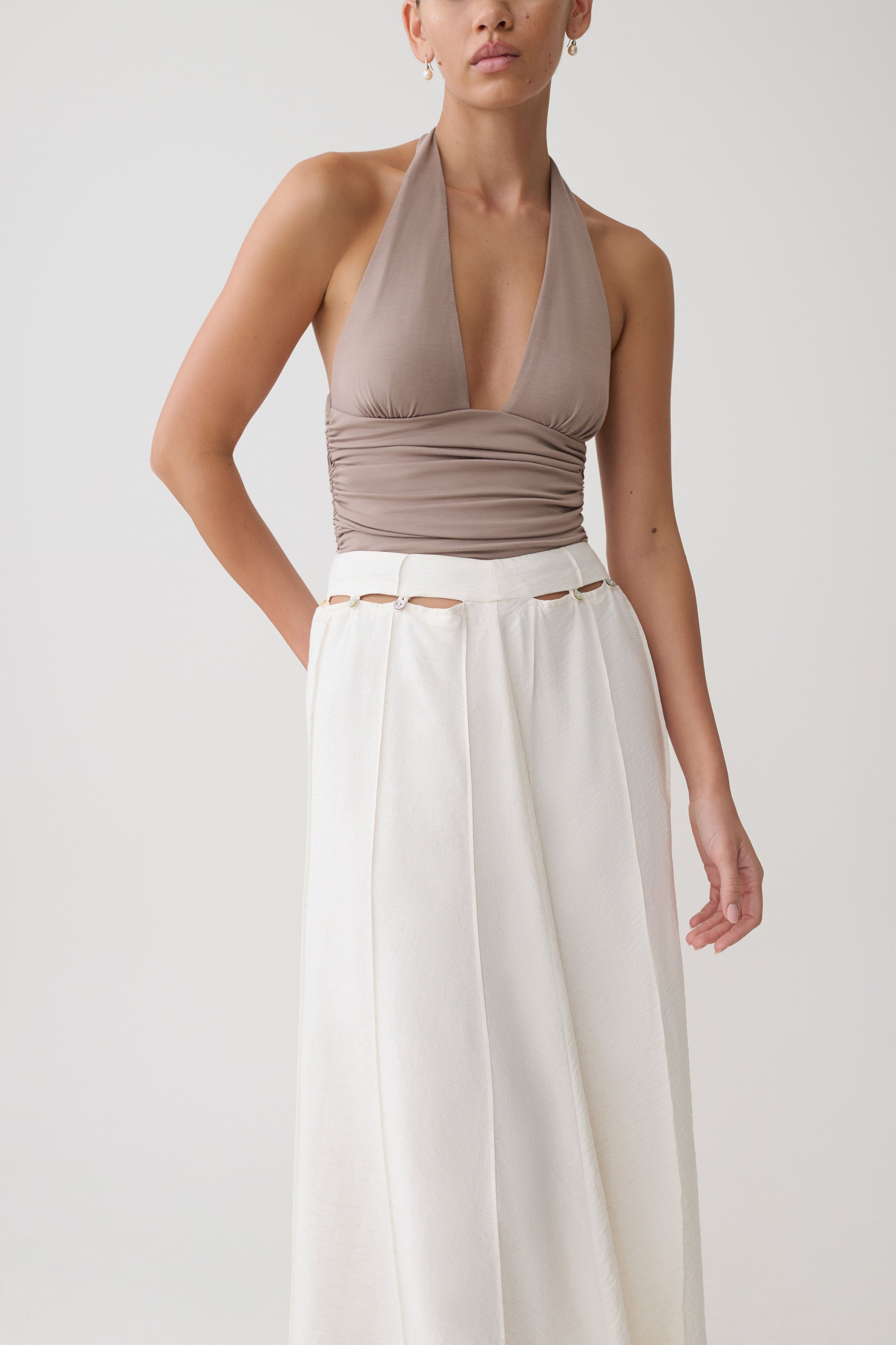 Claire Pearl Button Midi Skirt - White #3