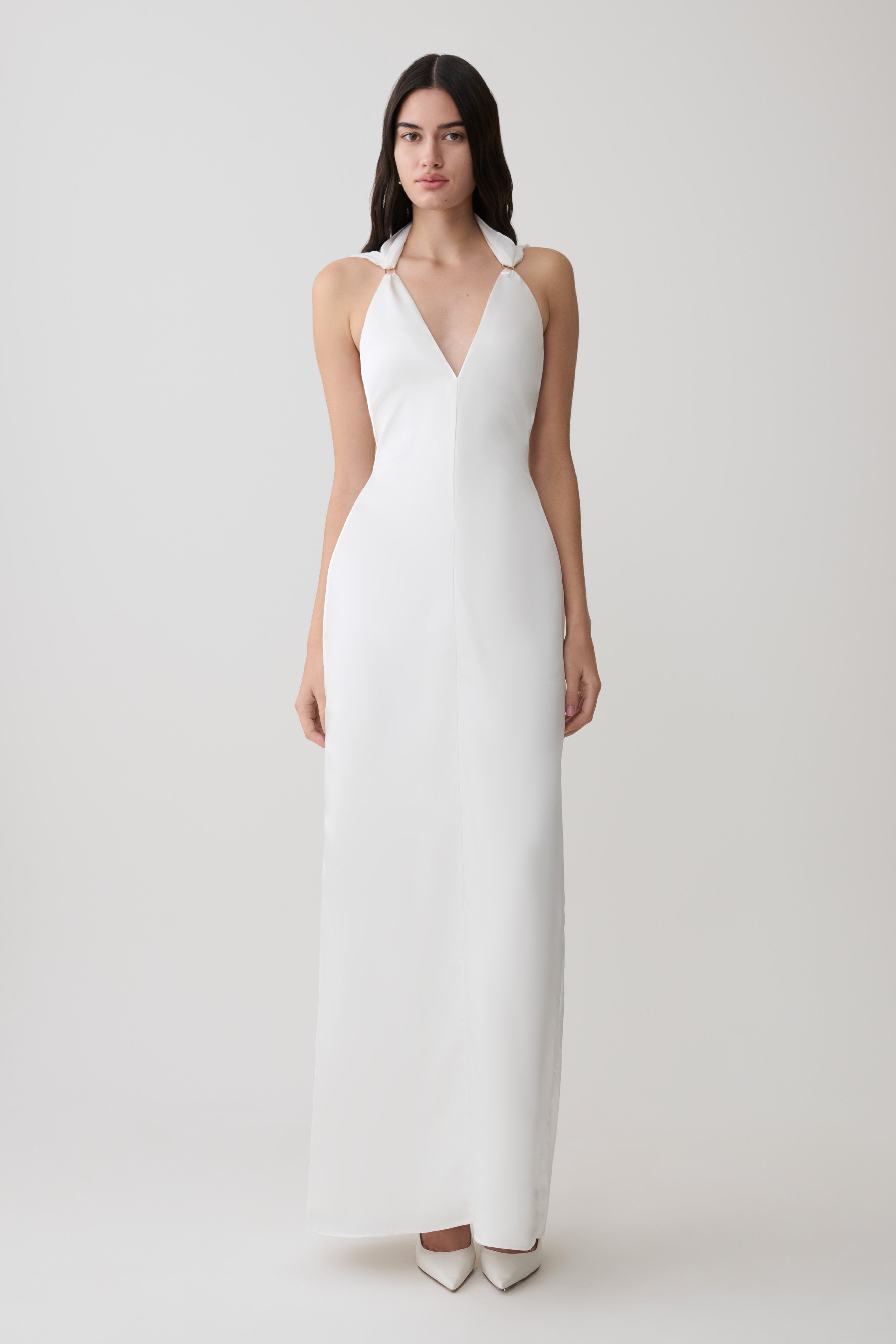 Myla Draped Shoulders Satin Maxi Dress - White | MESHKI US