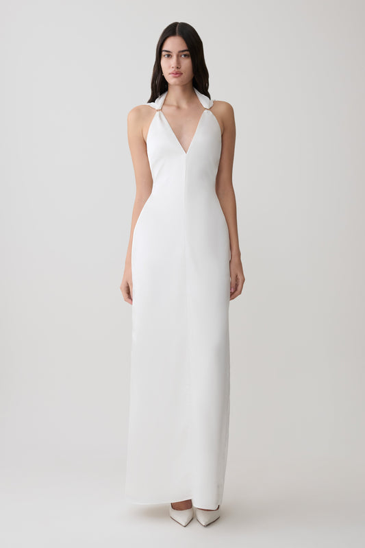 formal white dress nearby White Long Satin V-Neck Dress by Cinderella Divine 7469W