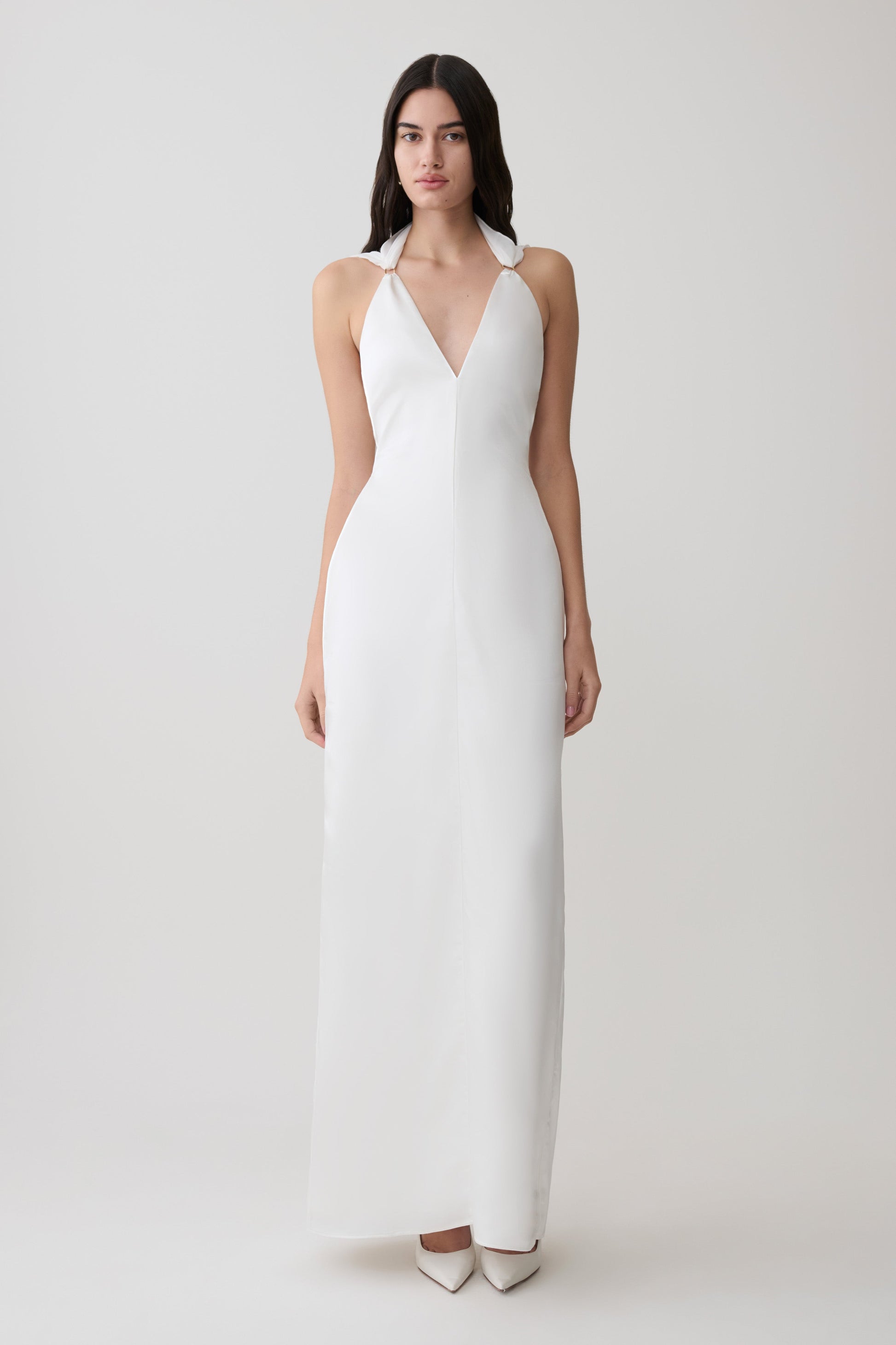 Myla Draped Shoulders Satin Maxi Dress / White | MESHKI