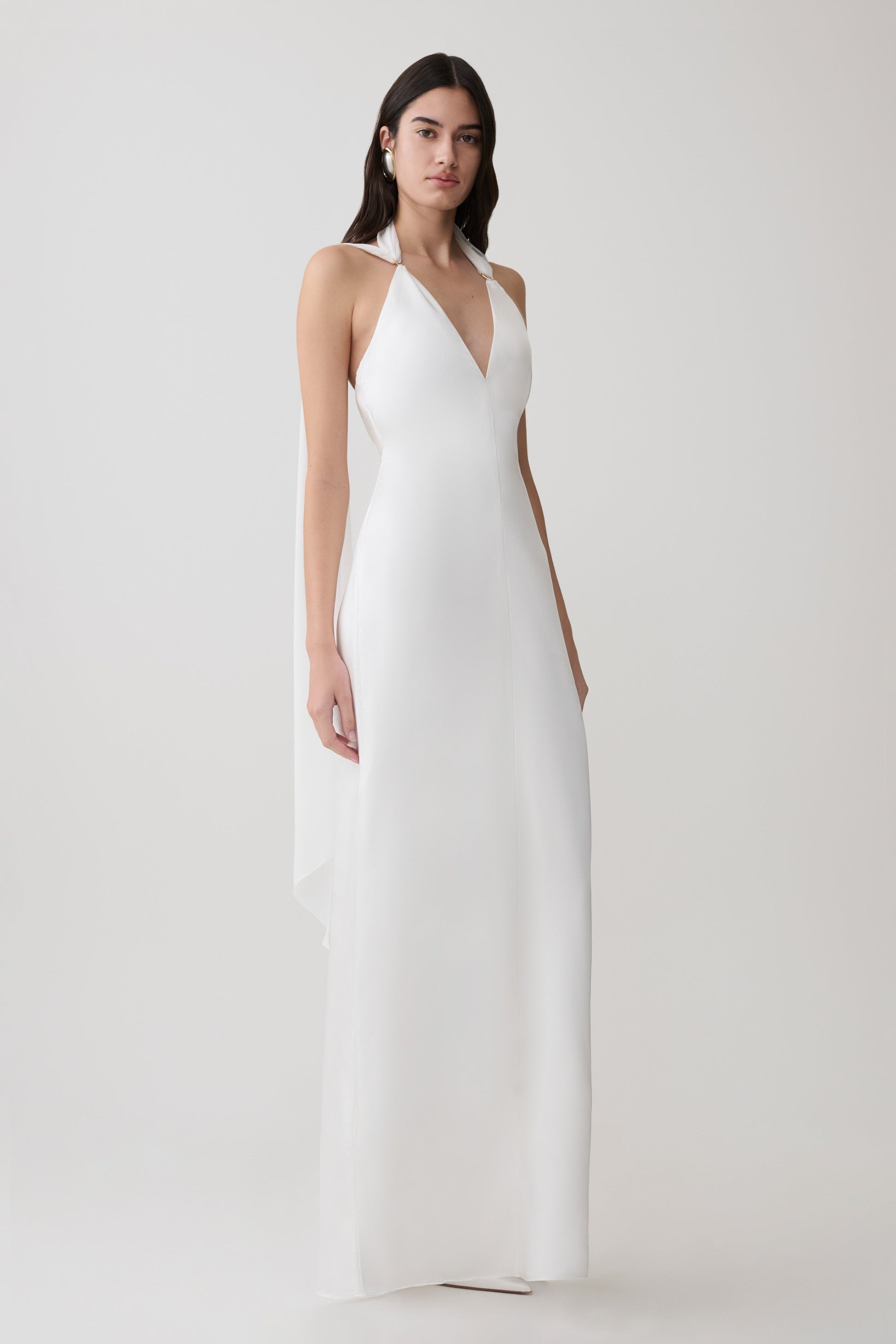 Myla Draped Shoulders Satin Maxi Dress / White | MESHKI