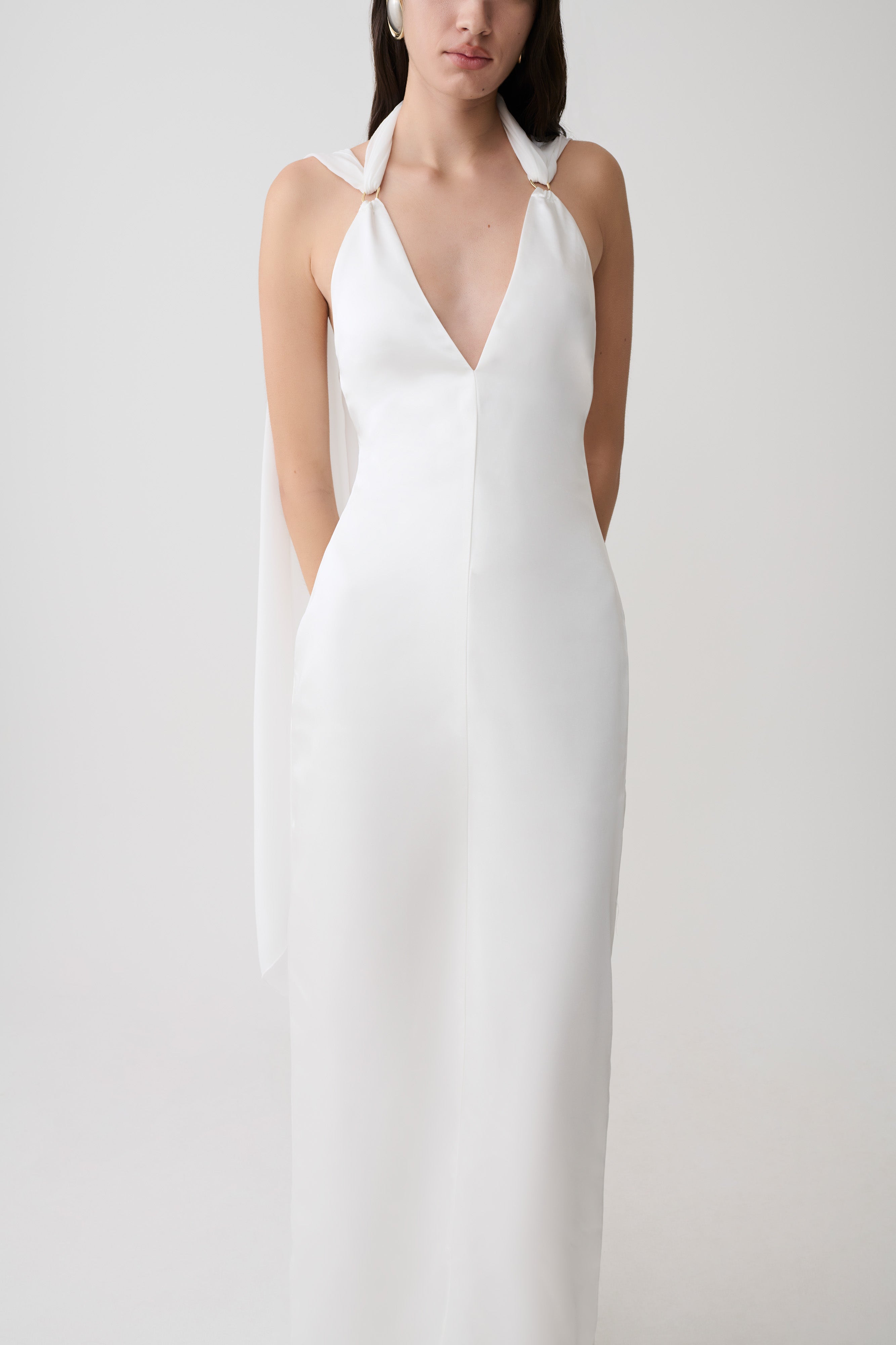 Myla Draped Shoulders Satin Maxi Dress - White | MESHKI US