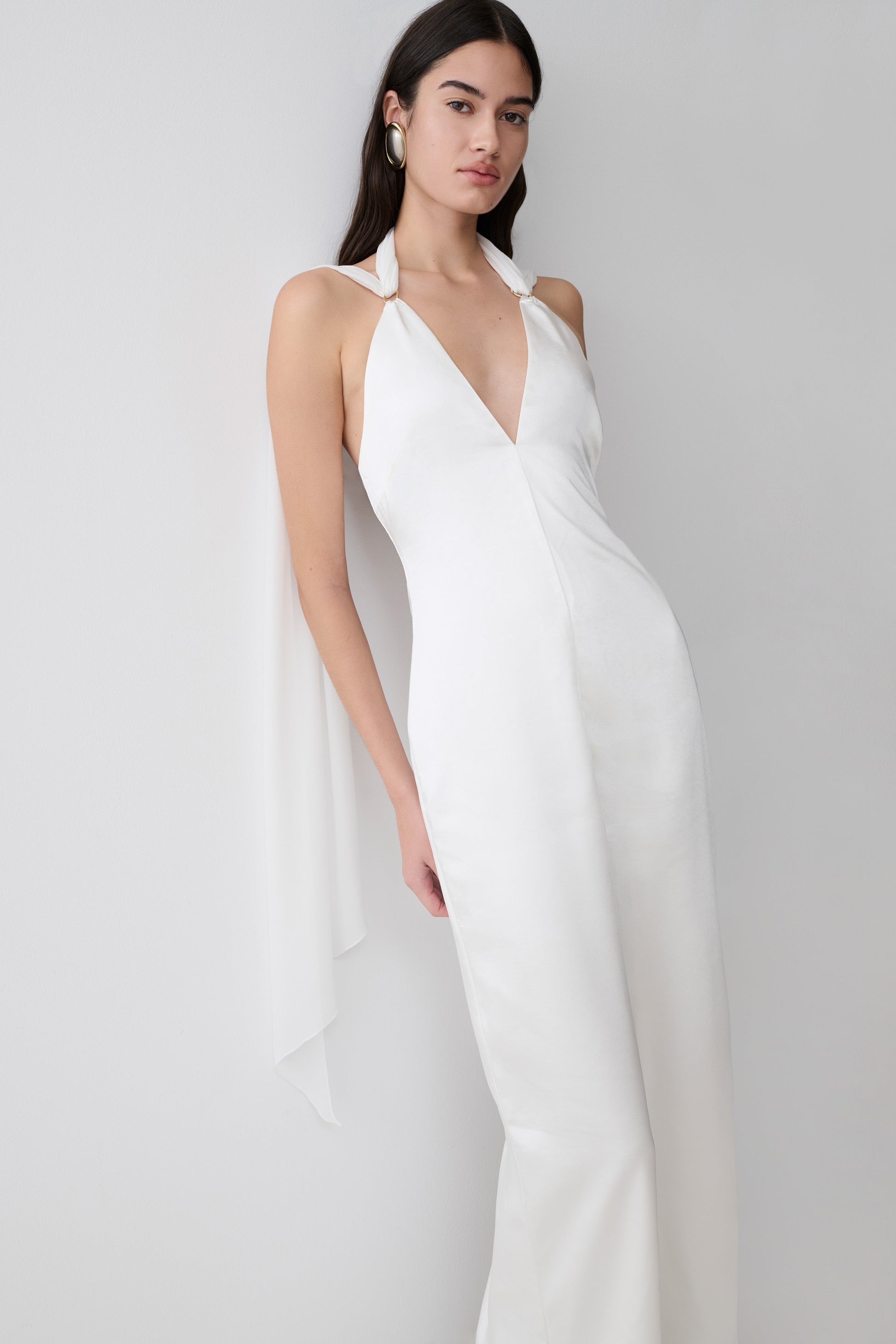 Myla Draped Shoulders Satin Maxi Dress / White | MESHKI