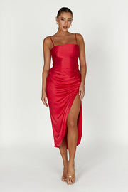 Claudette Satin Drape Midi Dress - Red