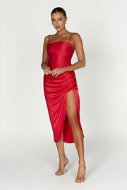 Claudette Satin Drape Midi Dress - Red
