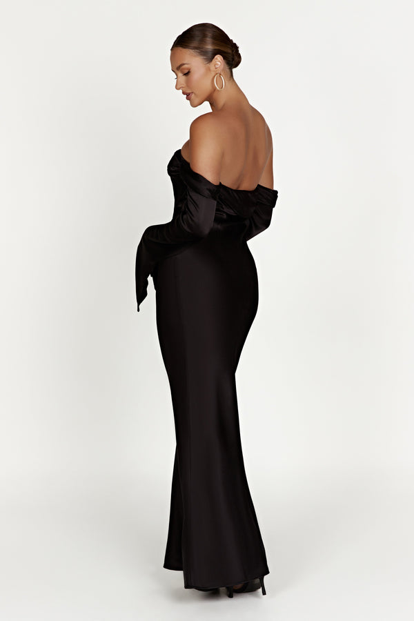 Giselle Off Shoulder Satin Mini Dress - Black - MESHKI U.S