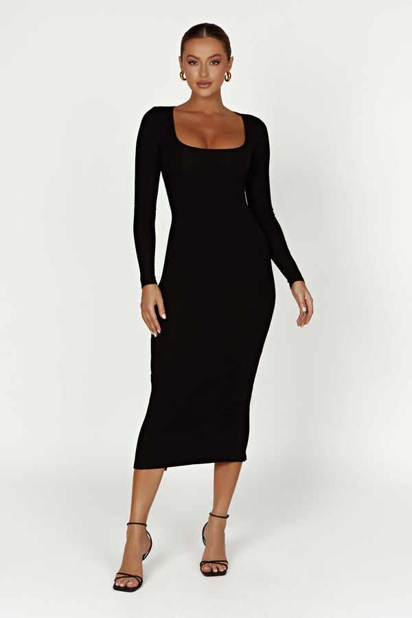 Sierra Scoop Neck Long Sleeve Midi Dress - Black - MESHKI U.S