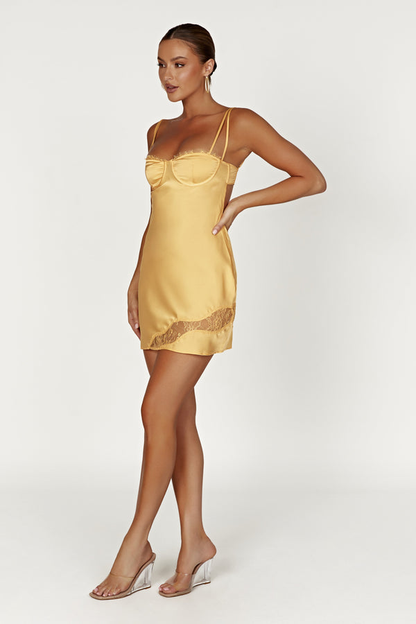 Joslyn Satin Lace Slip Mini Dress - Lemon
