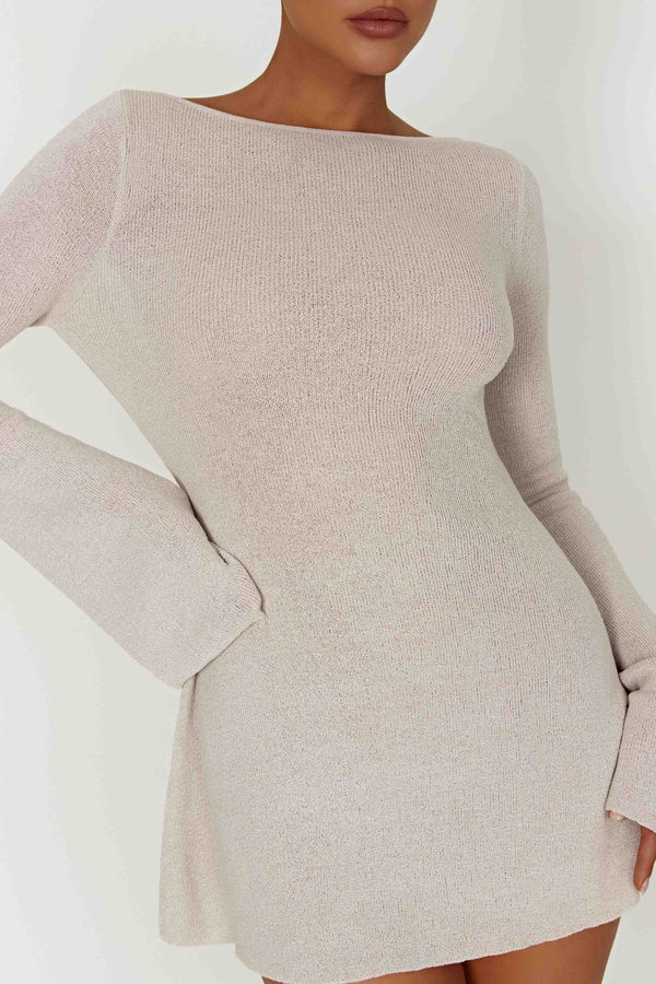 Zahra Long Sleeve Open Back Mini Knit Dress - Grey - MESHKI U.S