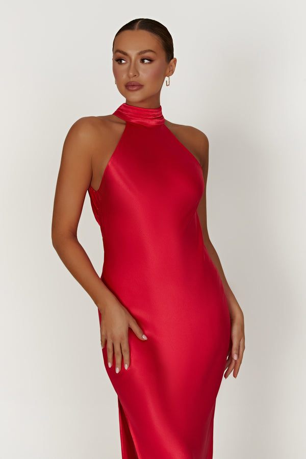 Claire Satin Drape Back Maxi Dress with Split - Red - MESHKI U.S
