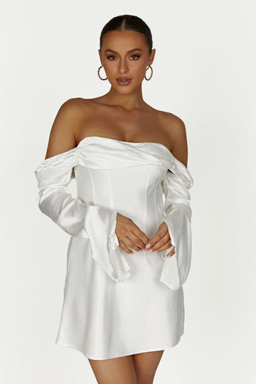 Off Shoulder Satin Mini Dress - White