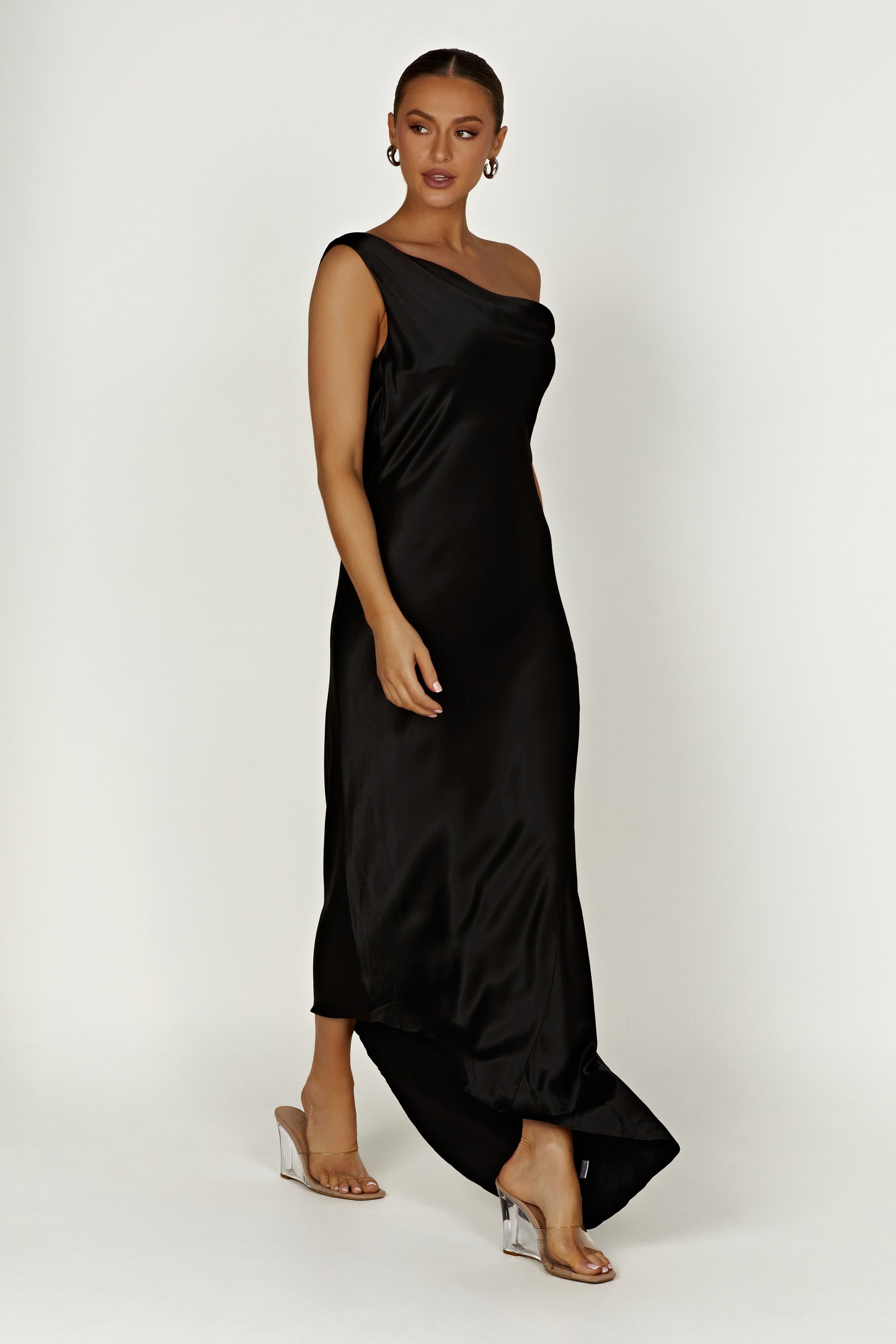 Yvette Slip Maxi Dress With Asymmetrical Hem - Black | MESHKI US Yvette Slip Maxi Dress With Asymmetrical Hem - Black | MESHKI US