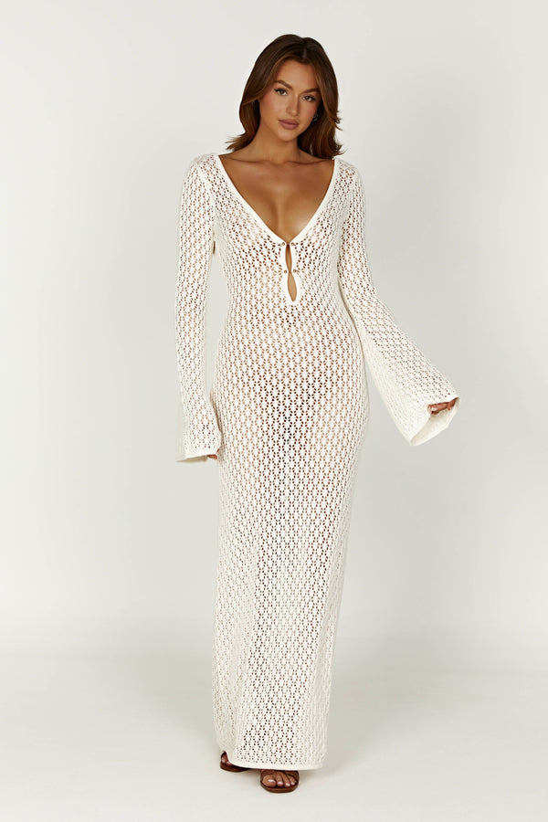 Kayleigh Crochet Fishtail Flare Sleeve Maxi Dress - White - MESHKI U.S