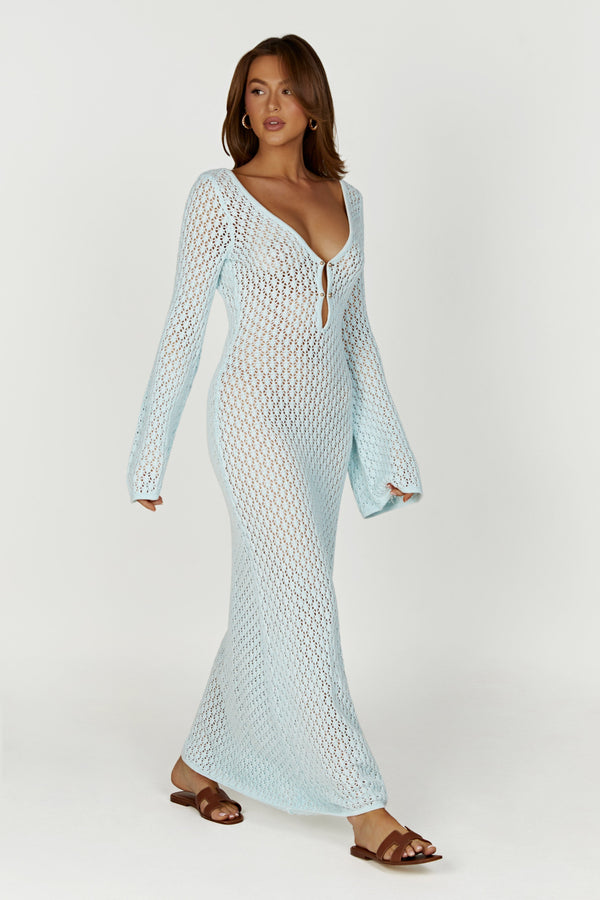 Kayleigh Crochet Fishtail Flare Sleeve Maxi Dress - Arctic Blue