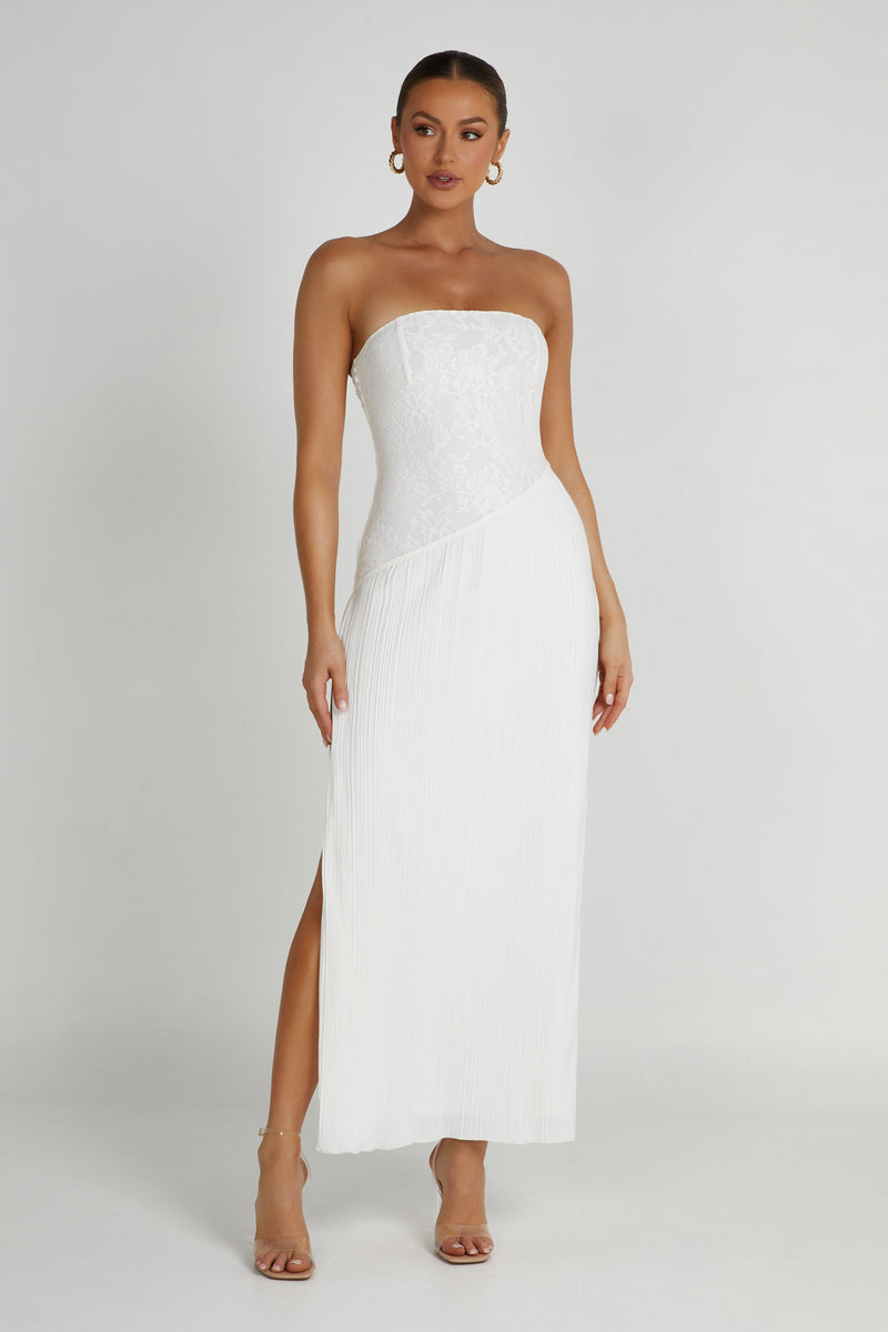 Skye Lace Plisse Strapless Midi Dress - White - MESHKI U.S