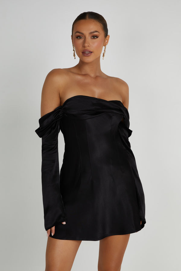 Giselle Off Shoulder Satin Mini Dress - Black - MESHKI U.S