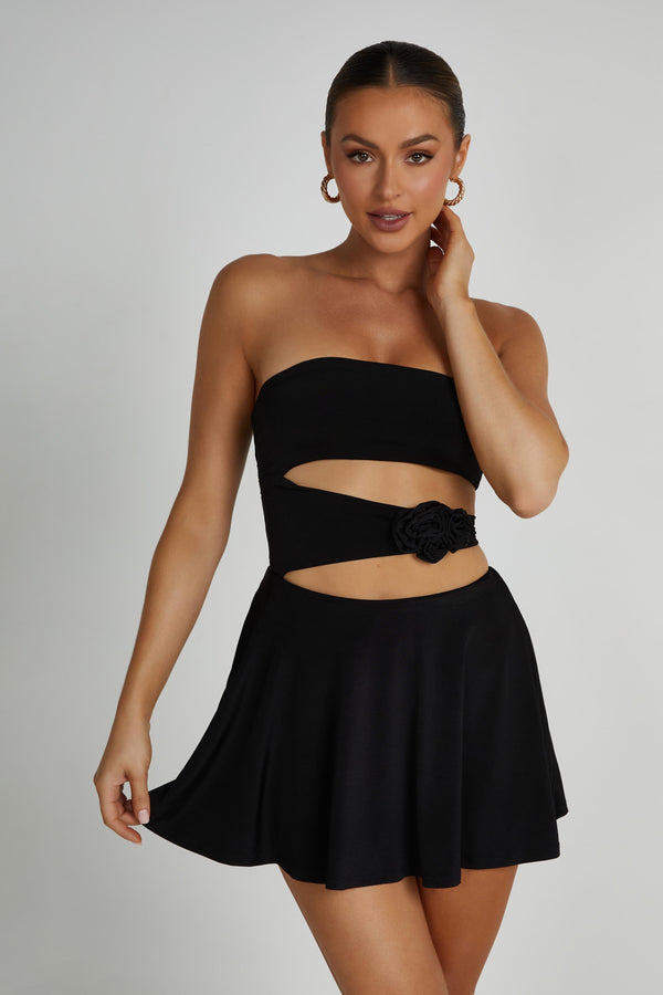 Montanna Strapless Rose Mini Dress - Black