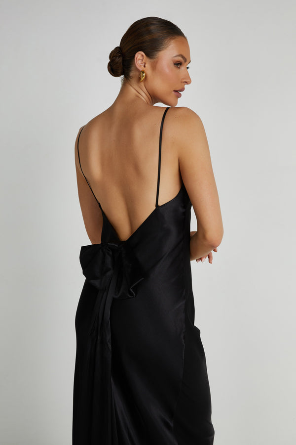Kailey Low Back Maxi Dress With Detachable Bow Train - Black