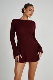 Zahra Long Sleeve Open Back Mini Knit Dress - Berry