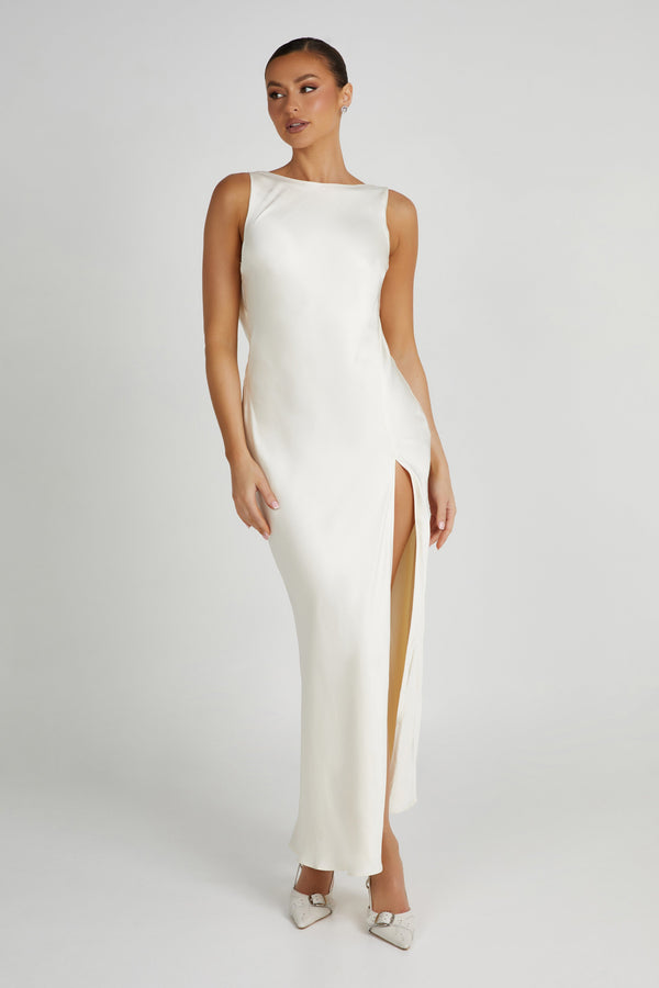 Gemima Satin Maxi Dress With Split - Ivory - MESHKI U.S