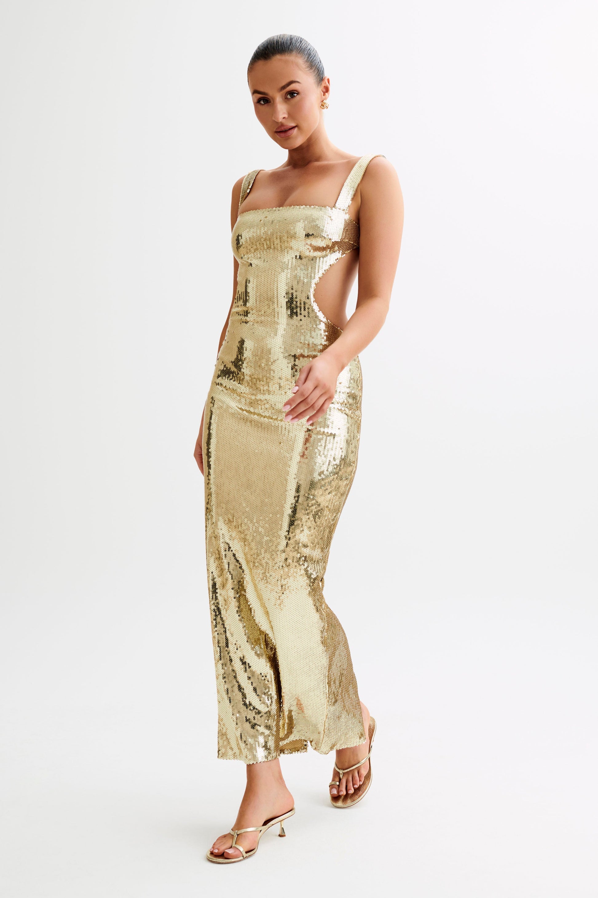 Adoria Sequin Cut Out Maxi Dress - Gold | MESHKI US Adoria Sequin Cut Out Maxi Dress - Gold | MESHKI US
