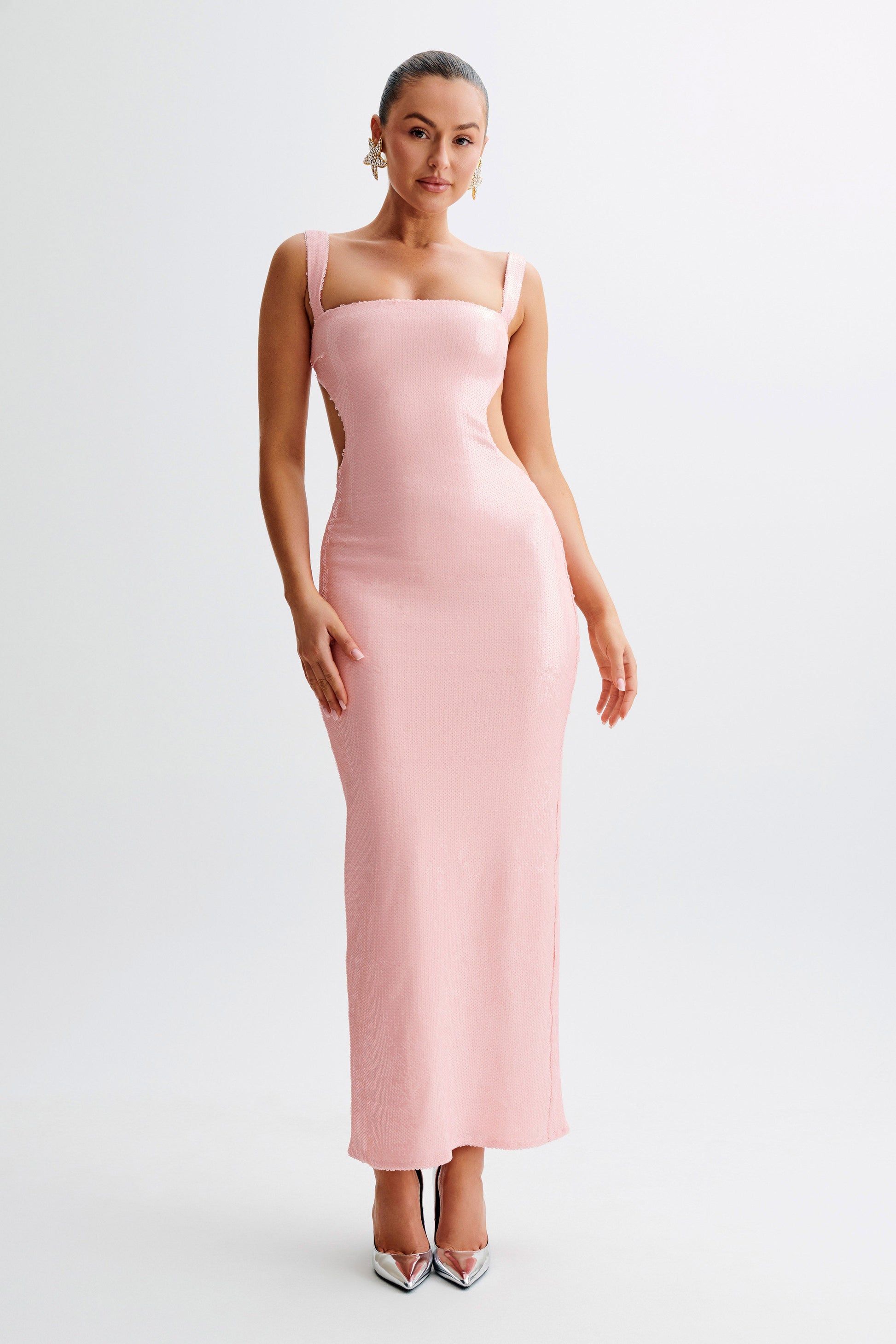 Adoria Sequin Cut Out Maxi Dress / Pale Pink | MESHKI