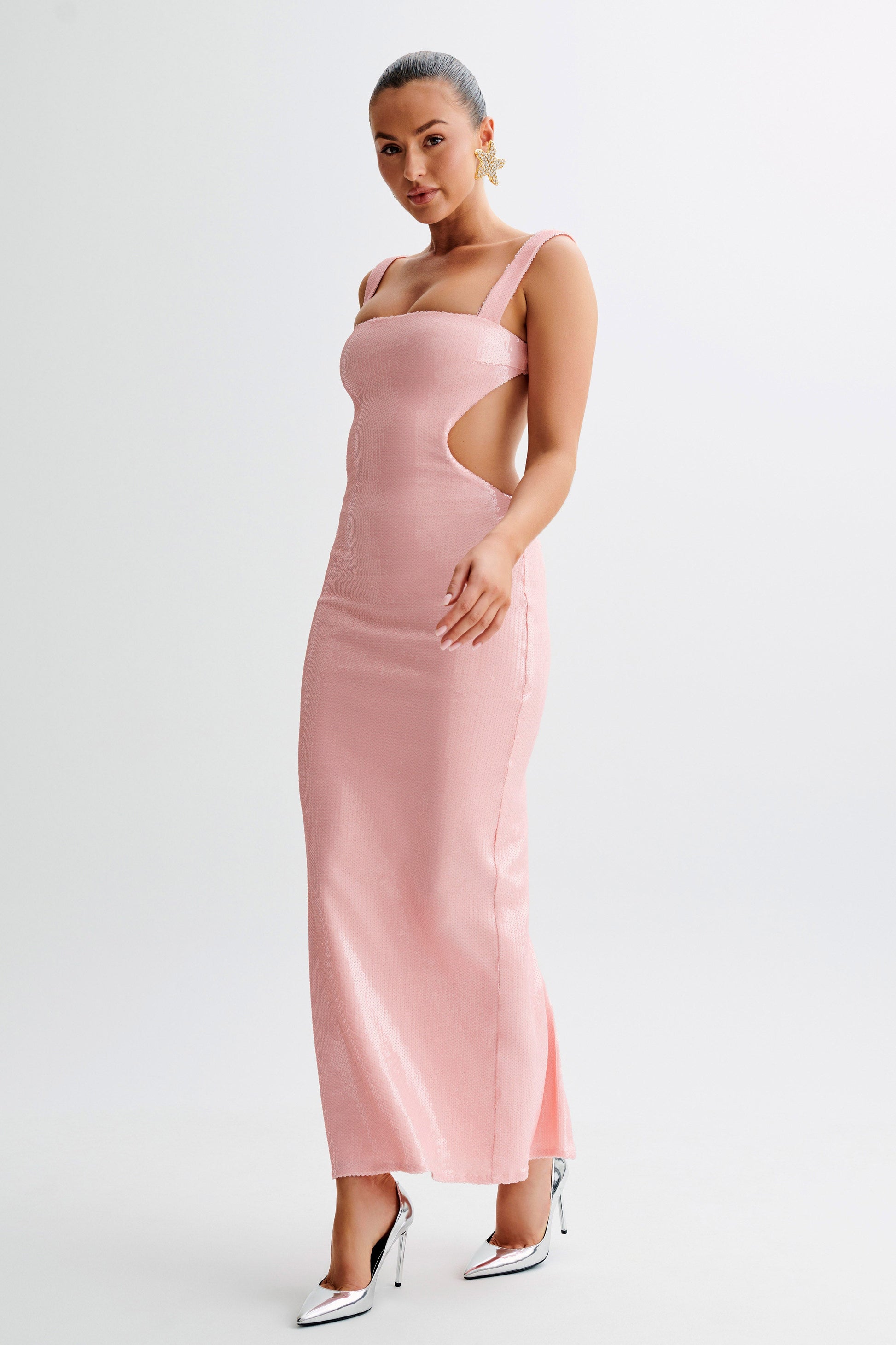 Adoria Sequin Cut Out Maxi Dress / Pale Pink | MESHKI