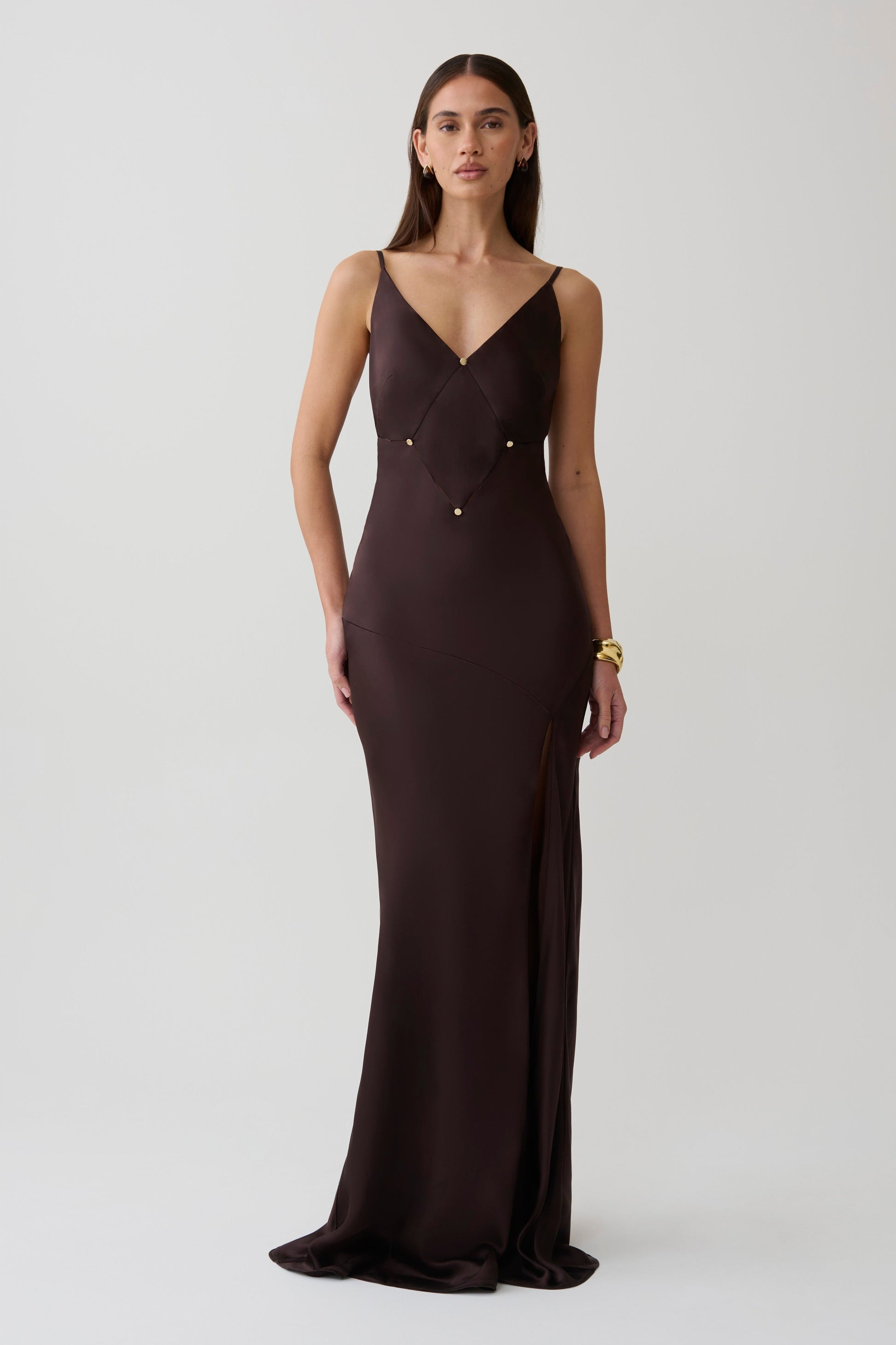 Maddison V Neck Satin Maxi Dress / Dark Chocolate | MESHKI