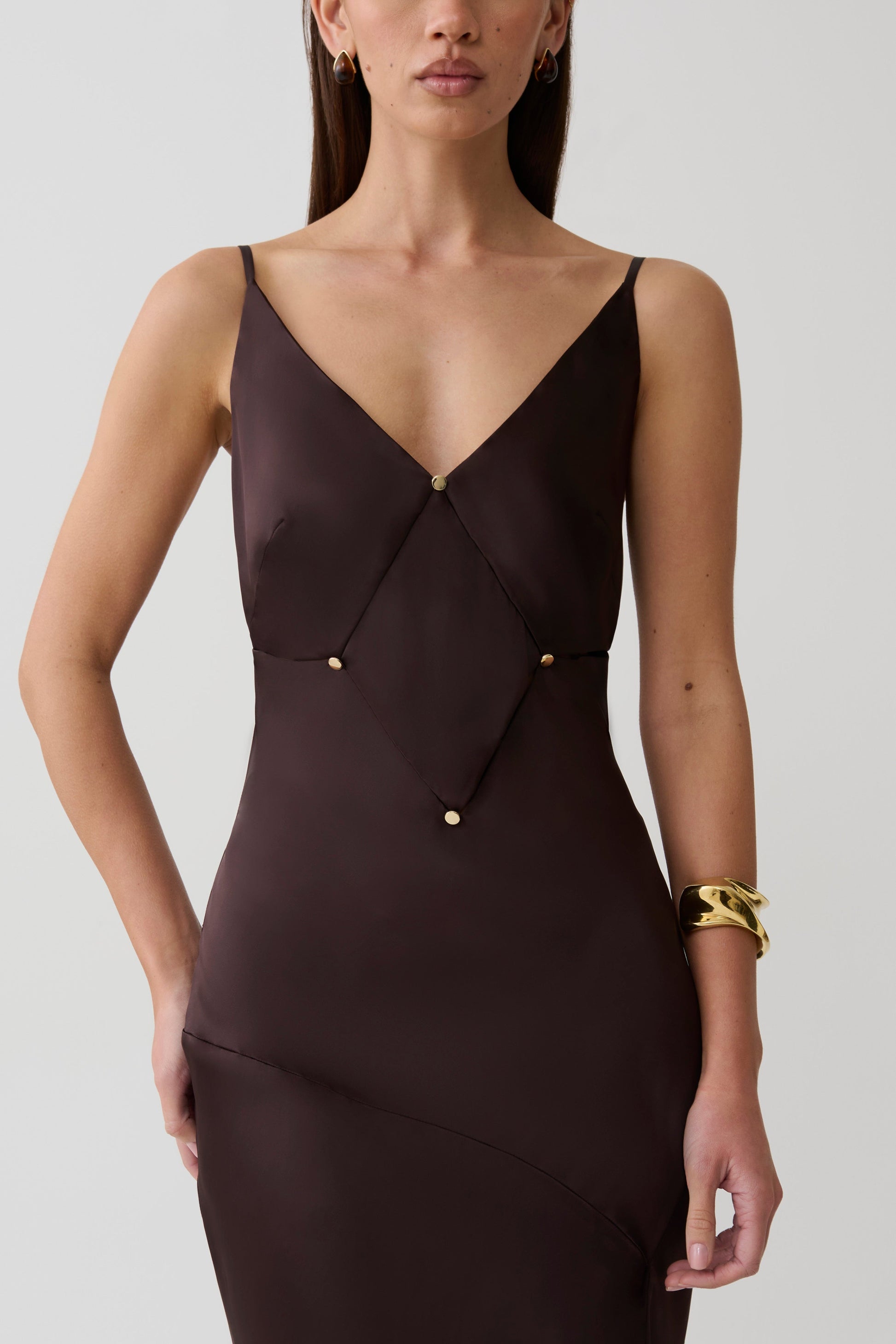 Maddison V Neck Satin Maxi Dress - Dark Chocolate