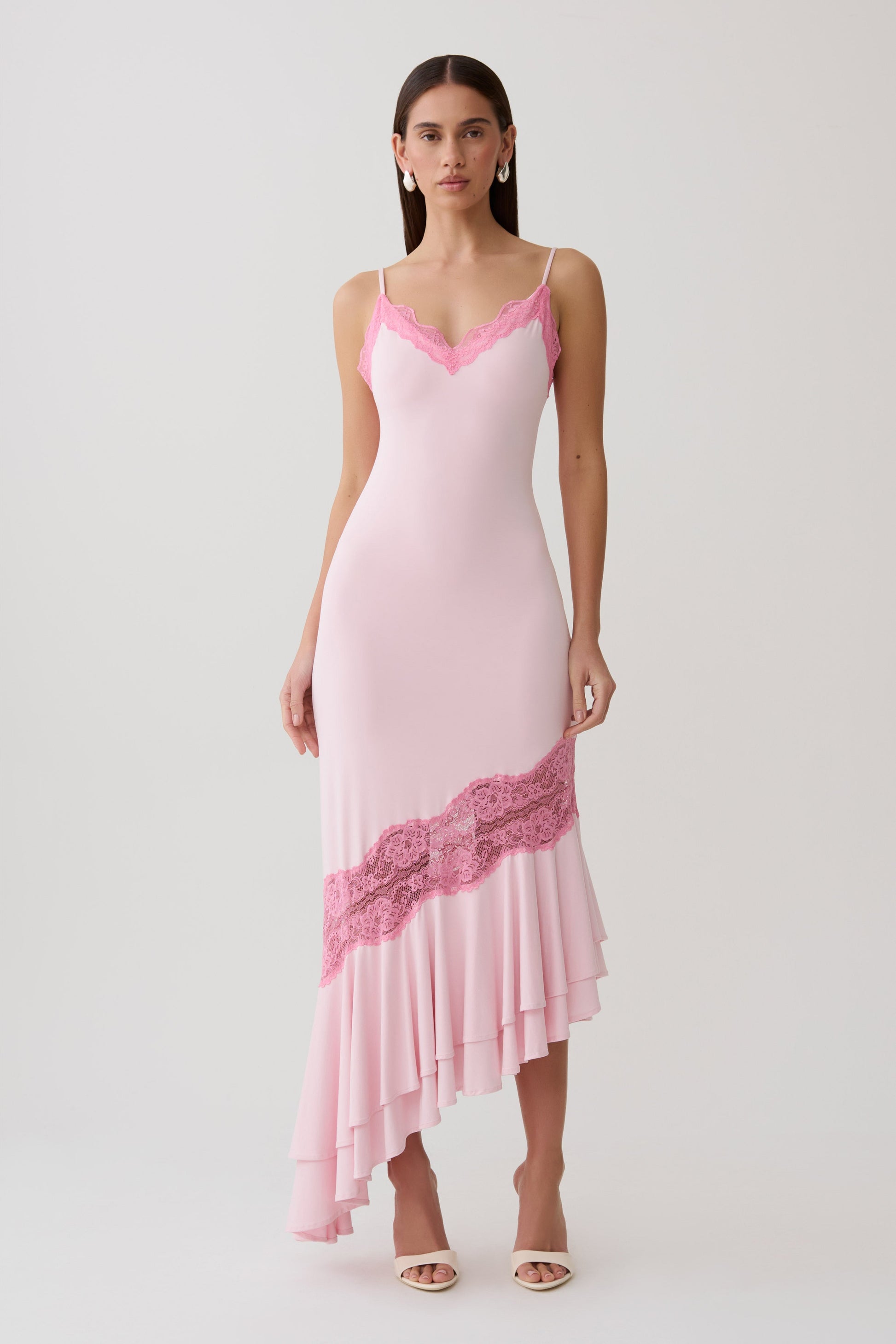 Annis Frilled Hem Lace Midi Dress / Pink | MESHKI